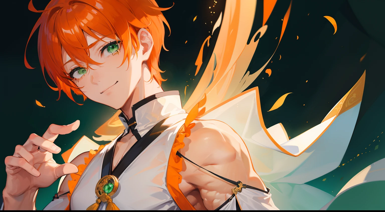 ((((One guy)))),is crying,Smile,(((Guy))), (((man))), (((Man's))),(((masutepiece))), (((Beautiful lighting))),(((muscular))),(((man))),),(((Green eyes))),(((Orange hair))), Male face,male eyebrows, Male Eyes, Eyelashes, Medium Hair,Beautiful face, v shaped_eyebrow,White skin,Transparent wings,Chinese_Clothes,(((Black clothes,)))garters_lanyard, See-through,The light of the Buddha shines, holy,