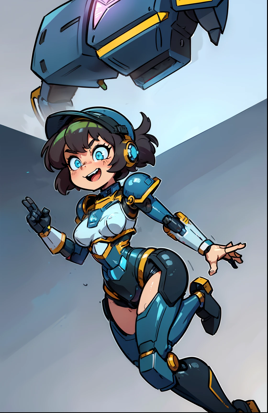 (NSFW:0.8), ((masterpiece)), best quality, chibi mech, a cartoon anime style, toonish style (cute figure), (female, feminine figure, motherly, (boobs), butt, pretty, beautiful, sexy), The cute cartoonish robots had identical features - Helmet, gray face, big round eyes, shining eyes (color glow), shoulder pads, big breast plate, mecha box limbs, reimagine a female mecha space ranger soldier character with a strong and heroic appearance ready to show off their fighting skills, (futuristic armor suit:1.5), (positive expressions:2). Use the color scheme of metallic (girlish colors, girly colors) for his armor suit. The dance routine performed by the synchronized, sexy robots was flawless, their identical moves and seductive poses captivating the audience's attention (front view and back view), Emphasize the dynamic pose and the presence of her being a boss in the galaxies and stars in the to enhance the sense of his ready for anything in a space adventure.