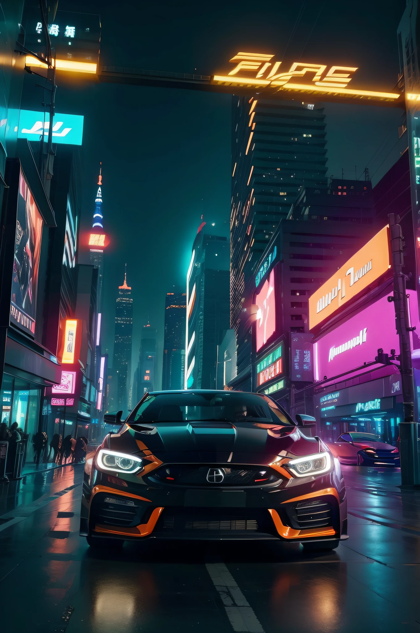 (high high quality,best qualityer),(Sharp focus)4K Unity wallpaper,Front quarter view,cyber punk perssonage(Orange sports car:1.2),Street style,Spoiler,rusted,Fragmentation,applique,(电影灯光) :1.2)、depth of fields、bokeh、during night、Dark theme、城市、neonlight