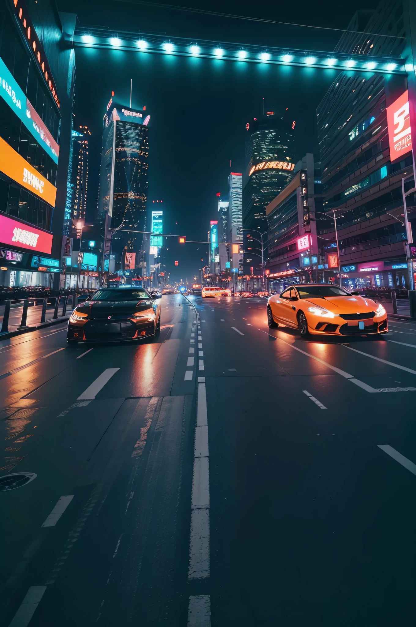 (high high quality,best qualityer),(Sharp focus)4K Unity wallpaper,Front quarter view,cyber punk perssonage(Orange sports car:1.2),Street style,Spoiler,rusted,Fragmentation,applique,(电影灯光) :1.2)、depth of fields、bokeh、during night、Dark theme、城市、neonlight