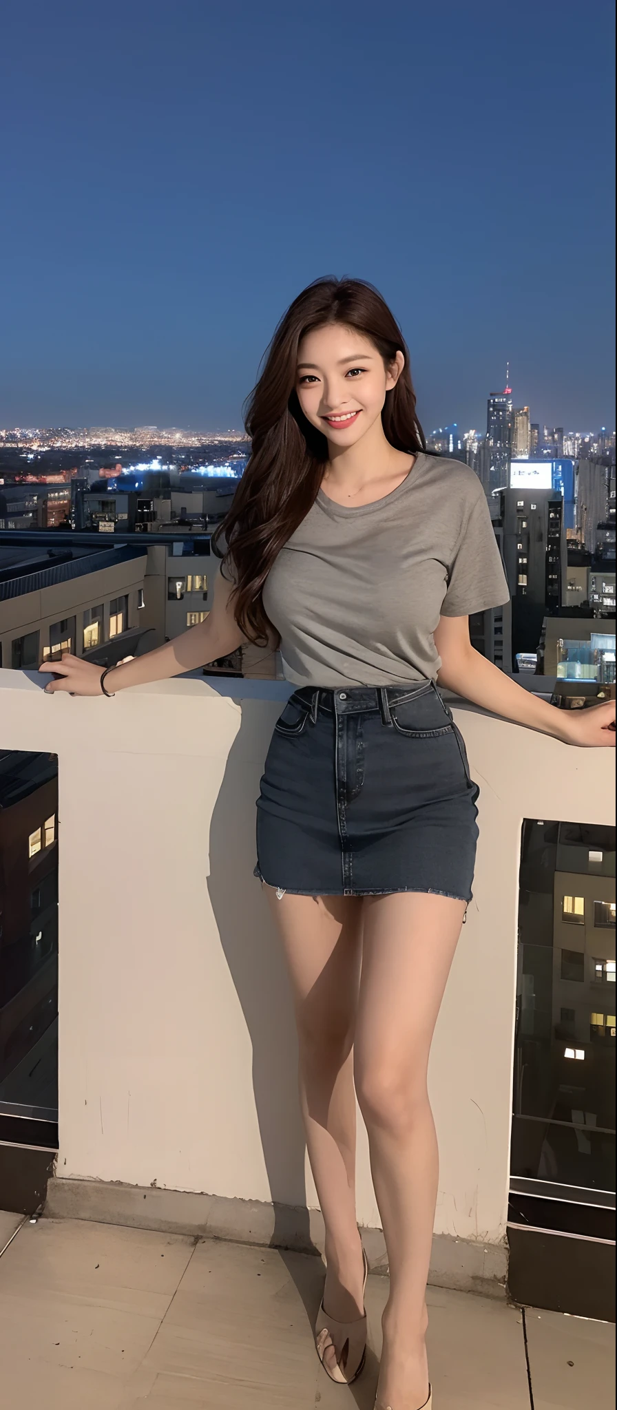 ((Midnight, Best quality, 8k, Masterpiece :1.3)), Whole body, Long legs, Sharp focus :1.2, A pretty woman with perfect figure :1.4, Slender abs :1.1, ((Dark brown hair, Big breasts :1.2)), (gray t-shirt, Jean short skirt, Standing:1.2), ((Night city view, Rooftop:1.3)), Highly detailed face and skin texture, Detailed eyes, Double eyelid, smile