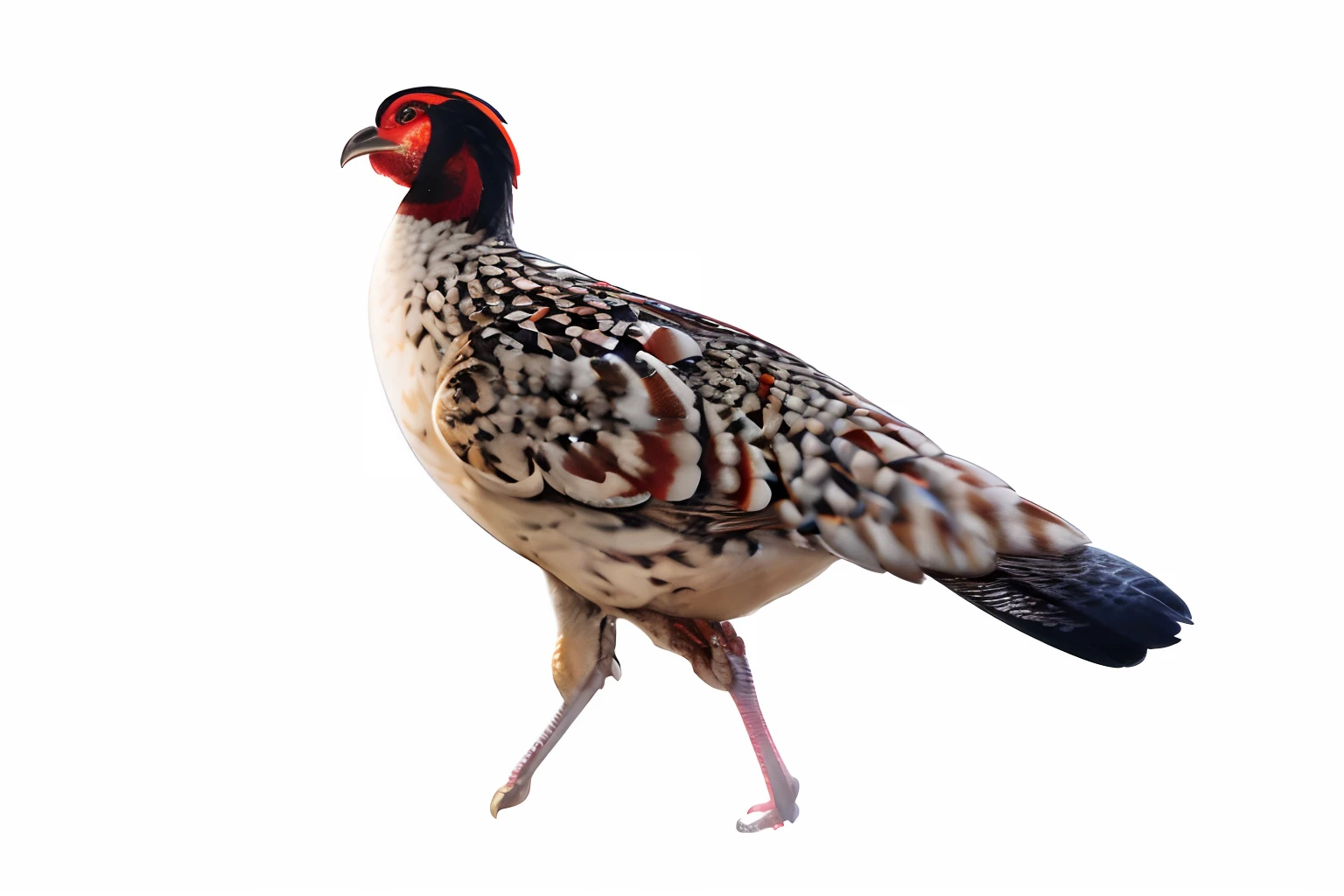 Red head and black tail,Alafi with a white body, spotted ultra realistic, photorender, A phoenix, Pheasant with a sword, digital painted, avian, Chicken, hyper real highly detailed, author:Jan Rustham, illustration, A illustration, A digital rendering, full body shot hyperdetailed, Renders, on black background, author:David Garner, A digital rendering