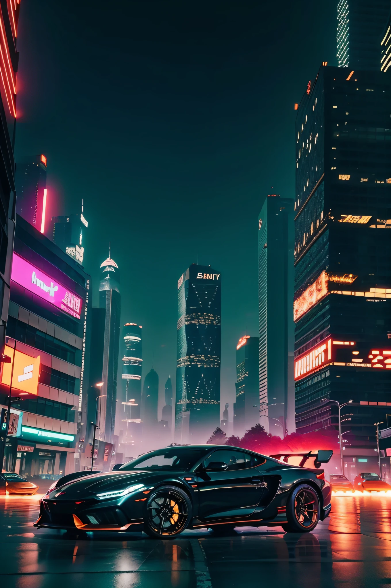 （high high quality，best qualityer），（Sharp focus）4K Unity wallpaper，Front quarter view，cyber punk perssonage（Orange sports car：1.2），Street style，Spoiler，rusted，Fragmentation，applique，（电影灯光） ：1.2)、depth of fields、bokeh、during night、Dark theme、城市、neonlight