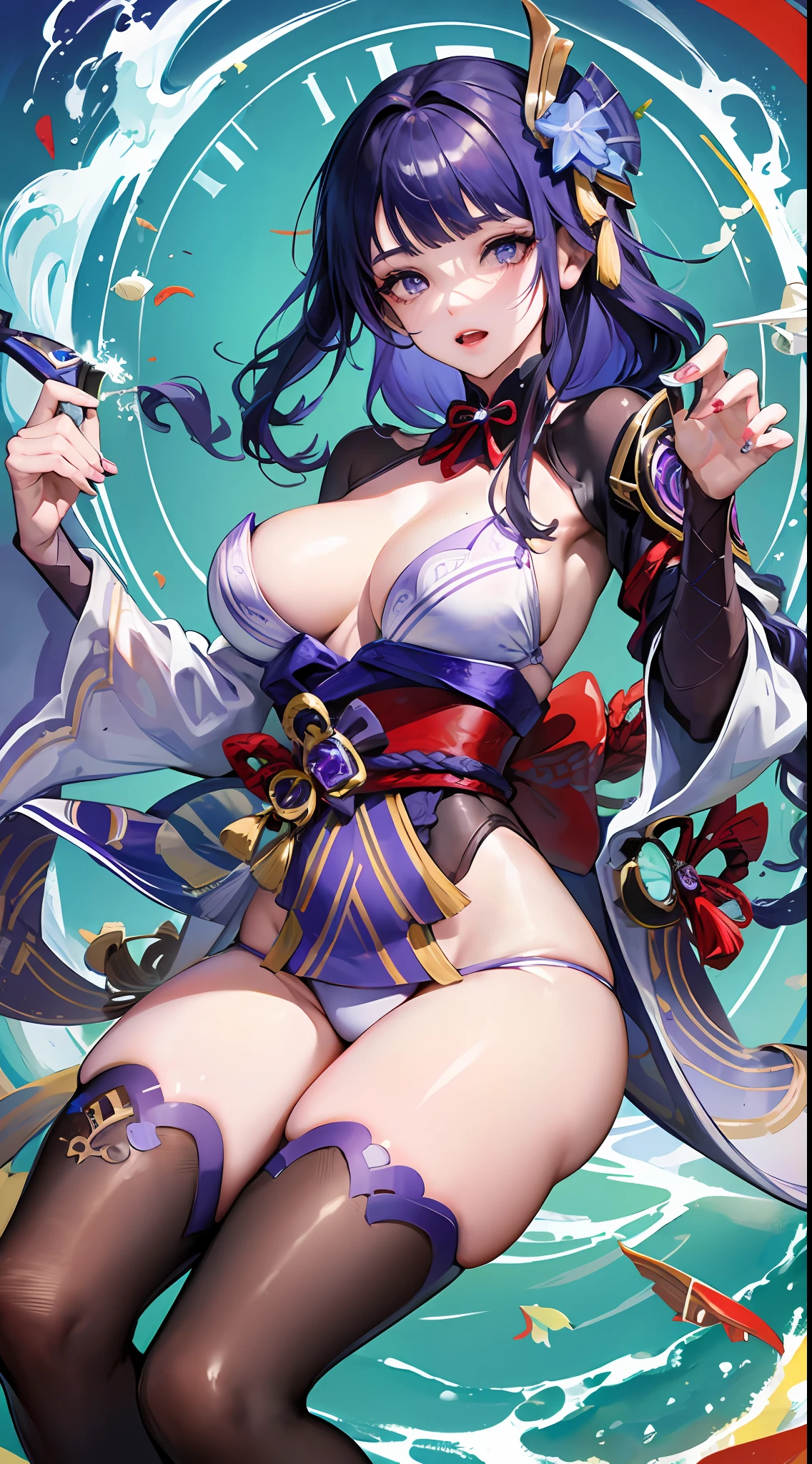 Raiden General Genshin Impact,purple color-theme,Ocean park,raiden,Poster publicity style,Seaside swimsuit,Fleshy thighs