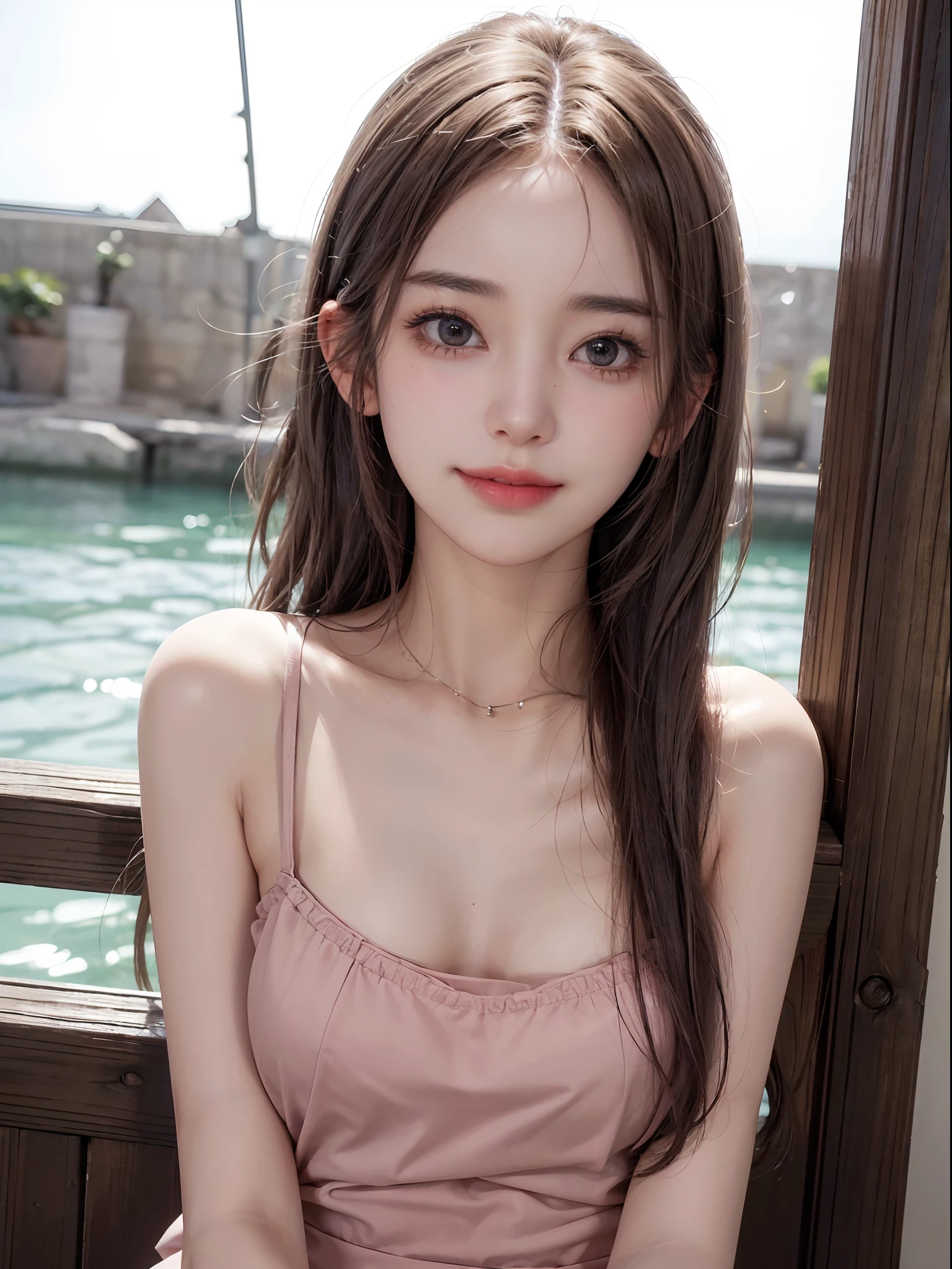 (8k, Best Quality, Masterpiece:1.2), (Realistic, Photorealistic:1.37), Ultra Detail, 1 Girl,Cute,Solo,Beautiful Detailed Sky,Date,(Blush),(Smile:1.15),(Closed Mouth)Small Breasts,Beautiful Detailed Eyes,(Long Hair: 1.2),Floating Hair NovaFrogStyle, Upper Body, Tank Top