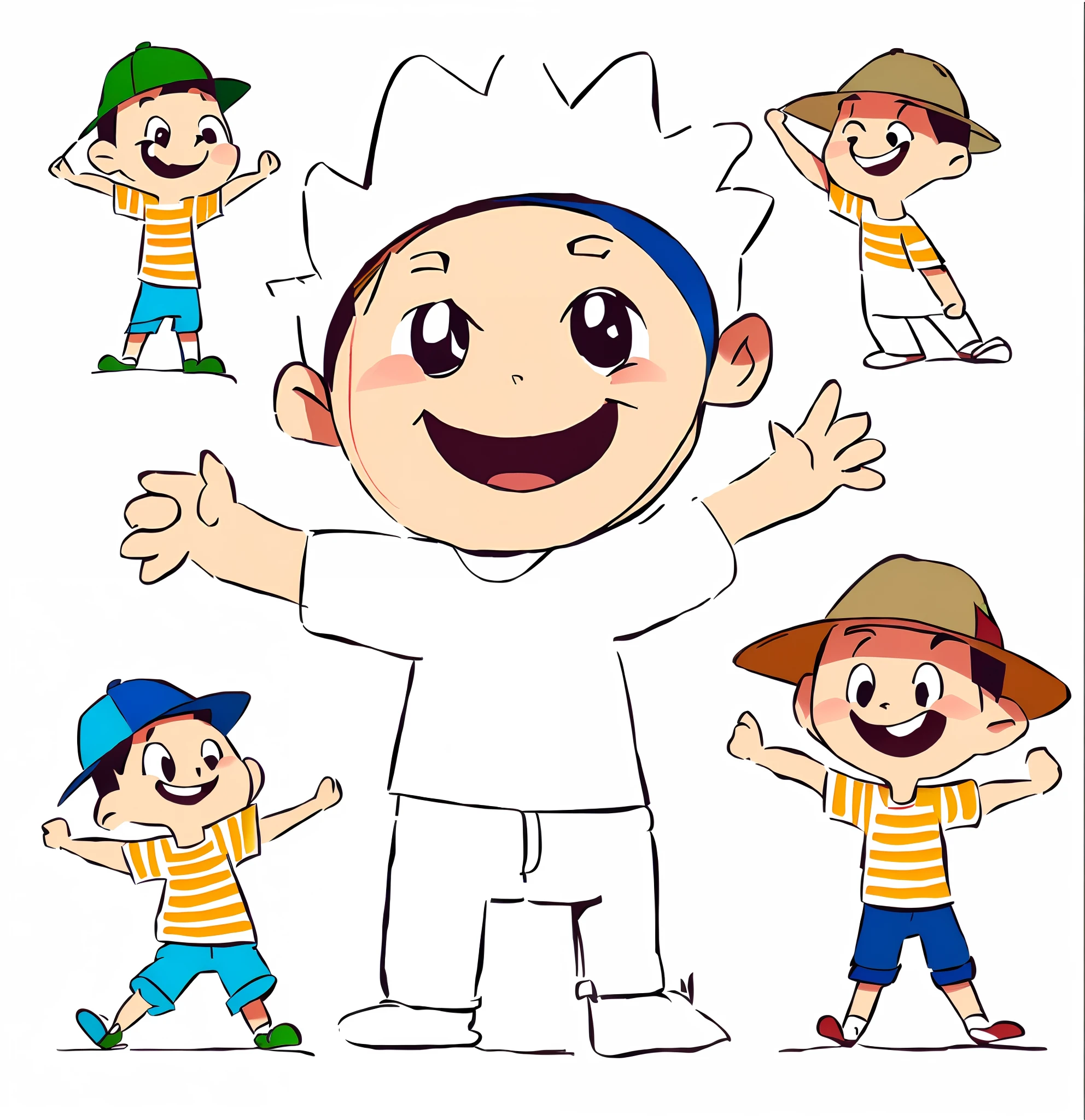 A cartoon boy in a hat and shirt, Simple cartoon style, Cartoon drawing, Pose(Arms up + cheerfulness), Simple lines of art, contour drawing, clean anime outlines, Full body character drawing, Simple drawing, hand drawn cartoon, Cartoon style illustration, Simple line art, Character drawing, simple cartoon, kid, Outlined!!!, character is standing, kids drawing