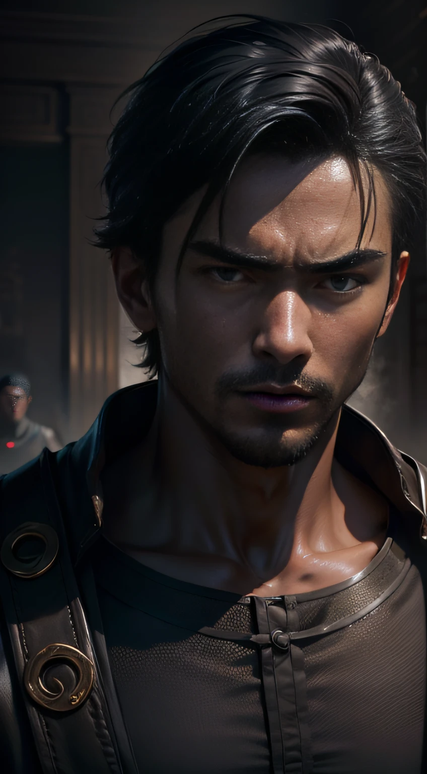 Works of masters,8K分辨率,higher details,explorer,solo person,40 men,The upper part of the body,Glowing eyes,Open-mouthed,(((Slag))),((black-skinned)),(Depressed),Handsome,Realistic,cinematic level shot,Portrait Photogram,Cinematic,short detailed hair,Facing the audience