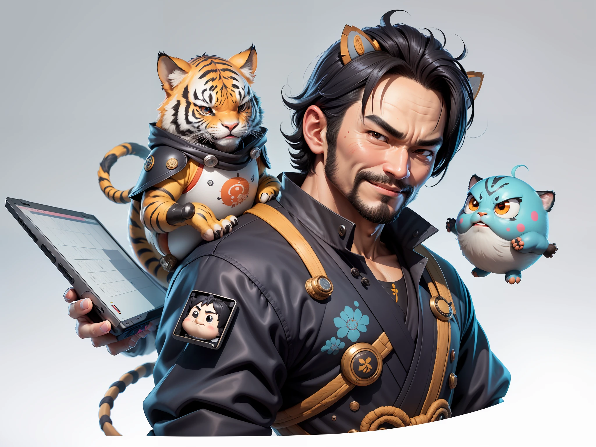 (Daisaku),(Need),(Super meticulous),(full bodyesbian:1.2),Super young man with Japanese geisha,Beautiful,orient,one tiger,Aeolian Thor,Raised sexy,爆乳,Oriental face,TV Anchor,Bust portrait illustration,In black suit,a blue tie,The face is slightly chubby,The face was clean,without a beard,Black super short hair,Black eyes,Smile confidently,3C computer sub-products,iPad, iphone,Digital painting,3D character design by Mark Clairen and Pixar and Hayao Miyazaki and Akira Toriyama,The illustration is a high-definition illustration in 4K resolution,With very detailed facial features and cartoon-style visuals。