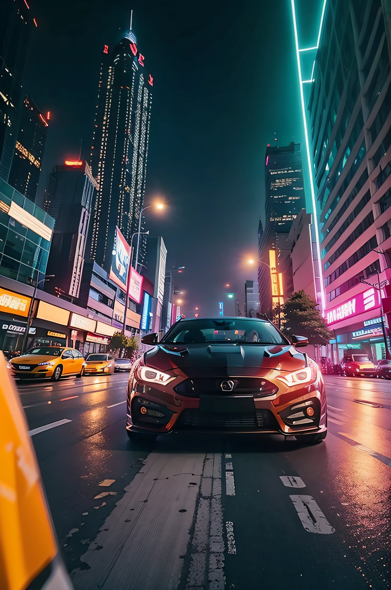 (high high quality,best qualityer),(Sharp focus)4K Unity wallpaper,Front quarter view,cyber punk perssonage(Orange sports car:1.2),Street style,Spoiler,rusted,Fragmentation,applique,(电影灯光) :1.2)、depth of fields、bokeh、during night、Dark theme、城市、neonlight