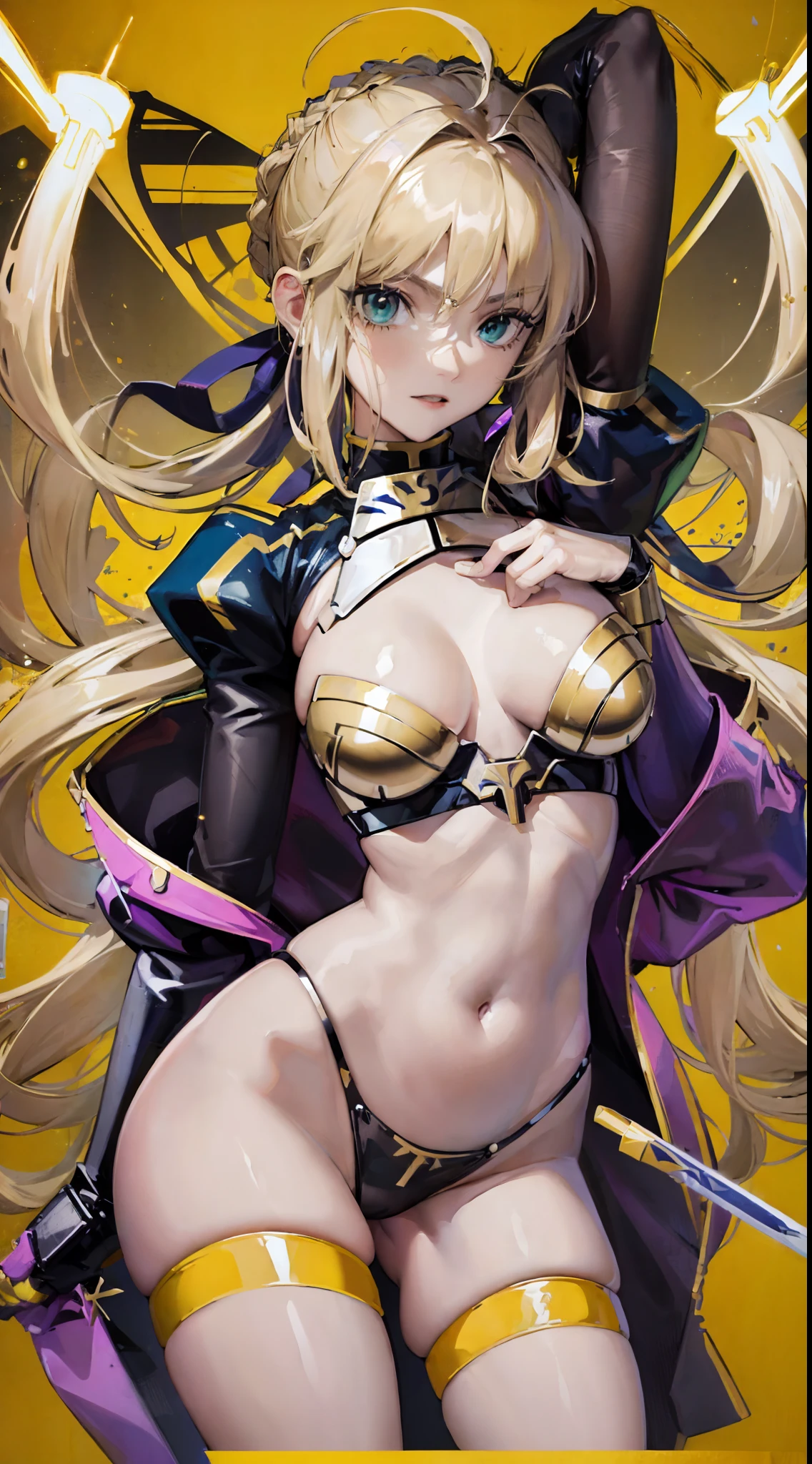 Artoria Pendragon (saber),Yellow theme,Promotional poster style,solid color backdrop,,C cup,exposing your navel,Sexy Siamese stockings,busty figure,Fleshy thighs