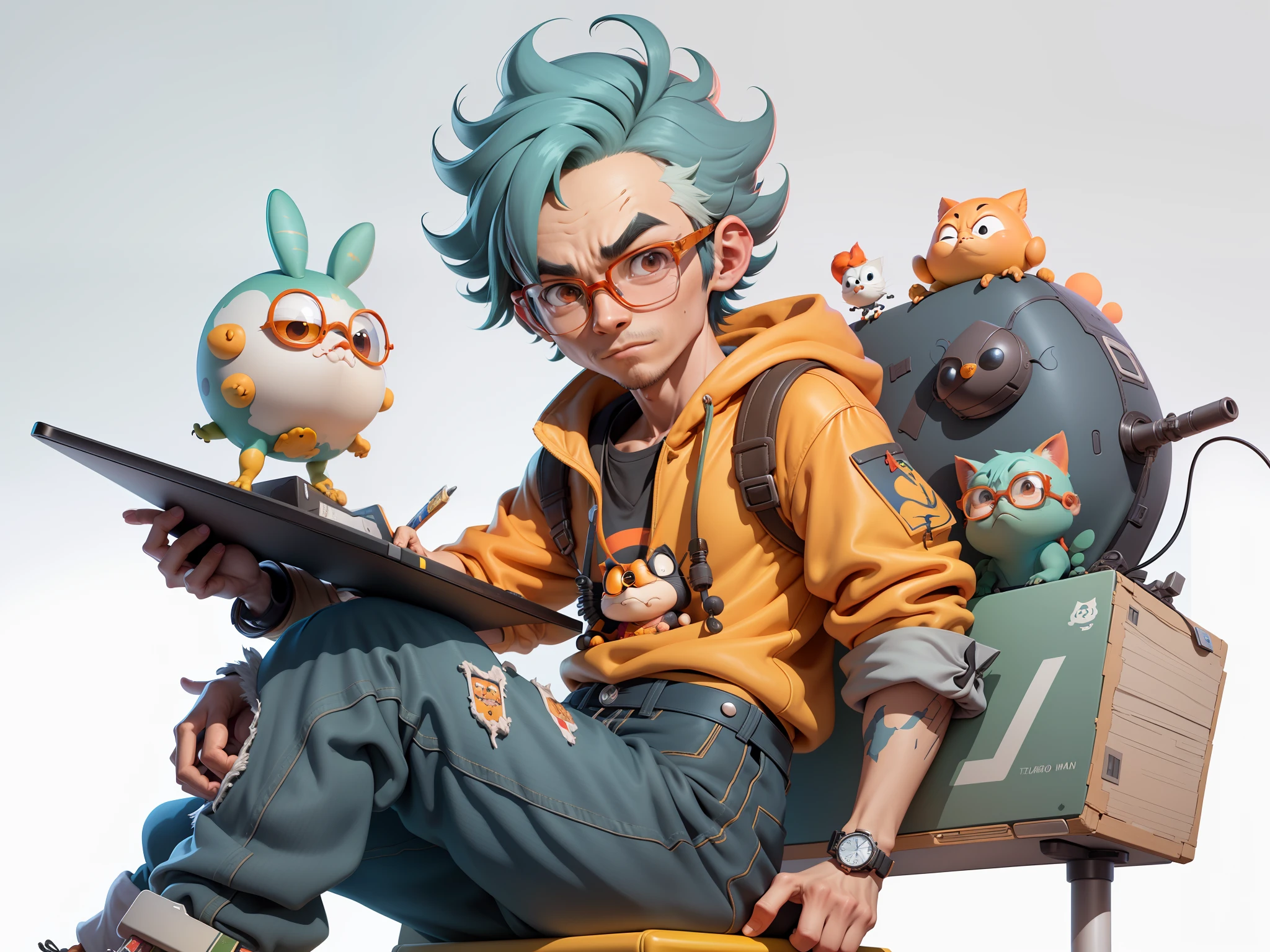 A young man with glasses sits at his desk,holding laptop,digitial painting,3D character design by Mark Clairen and Pixar and Hayao Miyazaki and Akira Toriyama,4K HD illustration,Very detailed facial features and cartoon-style visuals。