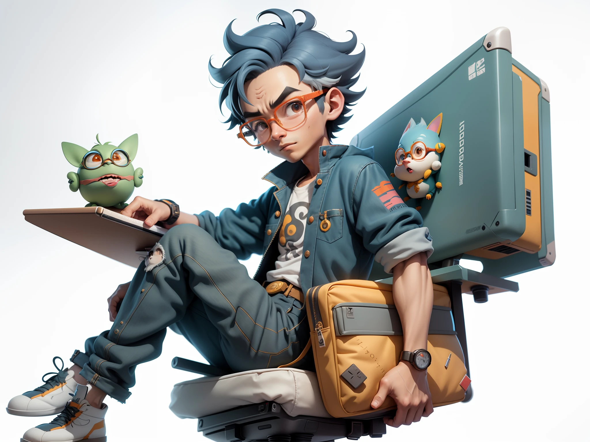 A young man with glasses sits at his desk，holding laptop，digitial painting，3D character design by Mark Clairen and Pixar and Hayao Miyazaki and Akira Toriyama，4K HD illustration，Very detailed facial features and cartoon-style visuals。