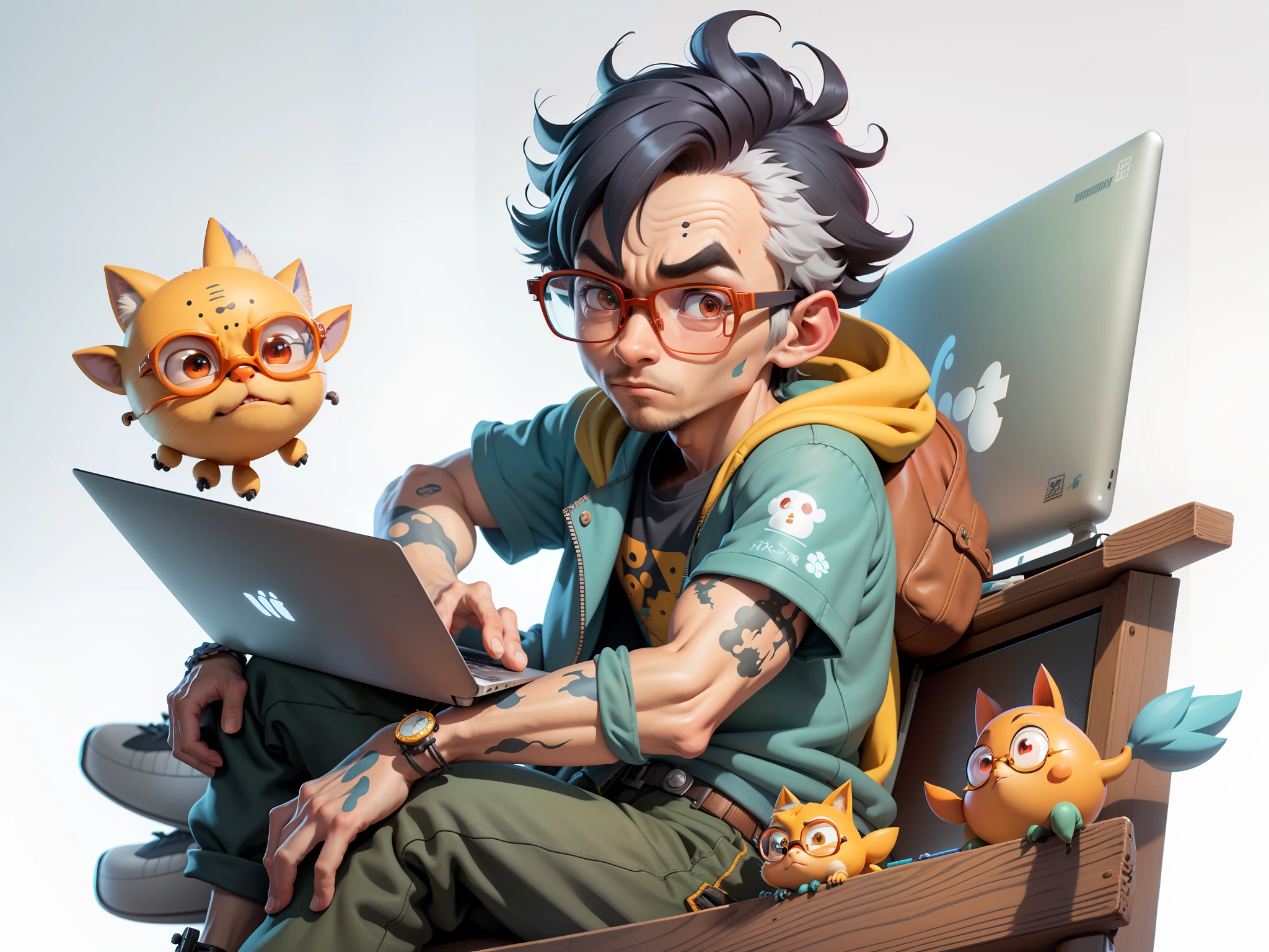 A young man with glasses sits at his desk,holding laptop,digitial painting,3D character design by Mark Clairen and Pixar and Hayao Miyazaki and Akira Toriyama,4K HD illustration,Very detailed facial features and cartoon-style visuals。
