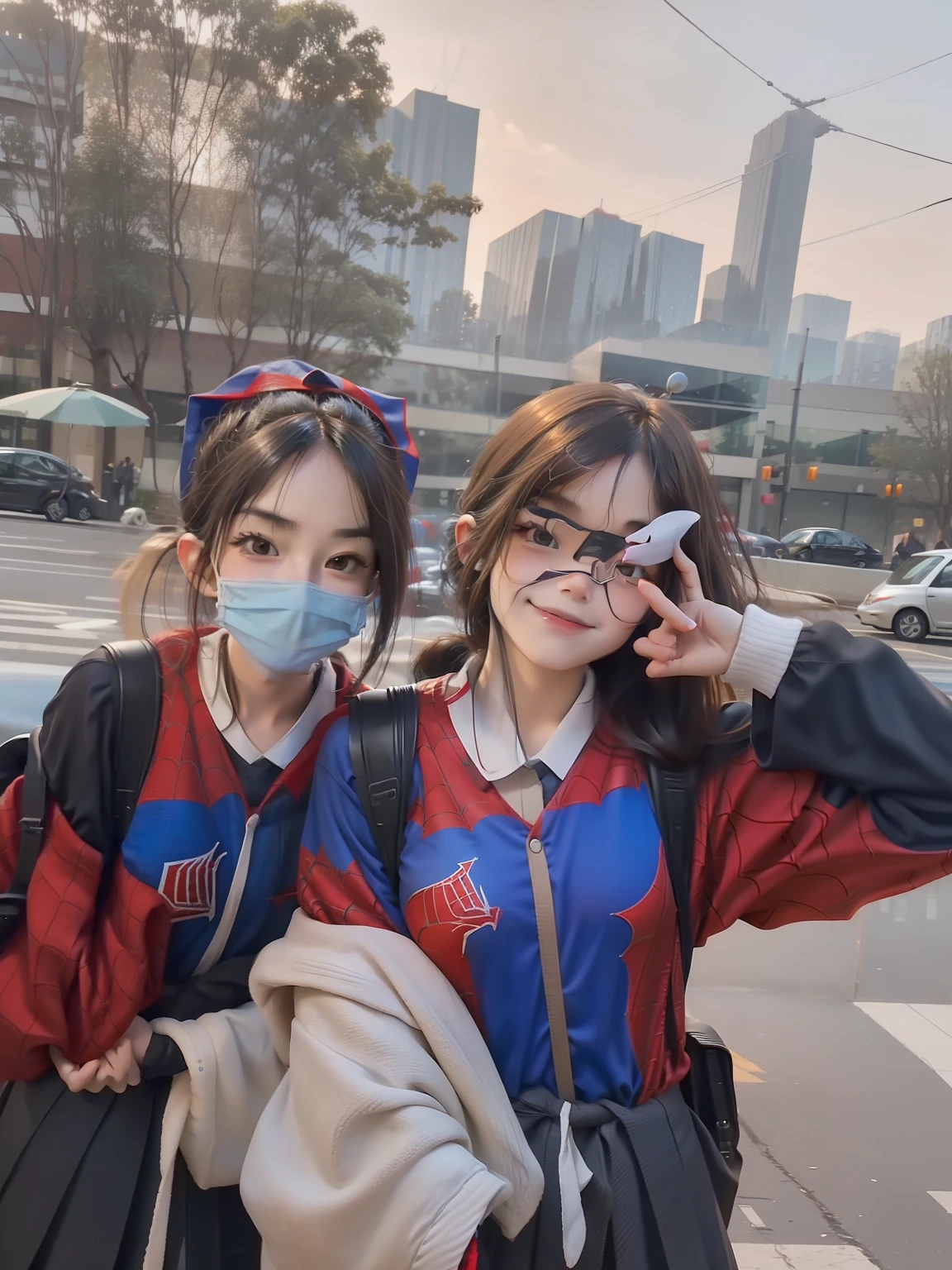 Two men in Spider-Man costumes（schoolgirls）Long hair and waist，adorable expression，high-resolution picture，But the face does not change，