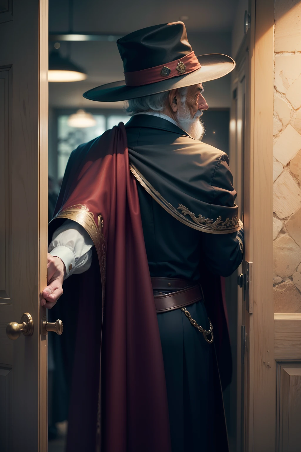 homem velho, in a magician's hat and cape knocking on a door, with your back to camera view blurry background (obra-prima) (8k high resolution) (melhor qualidade) (Ultra Definition) (Ultra realista)(Foto RAW) (Foto realista) (bright illumination)