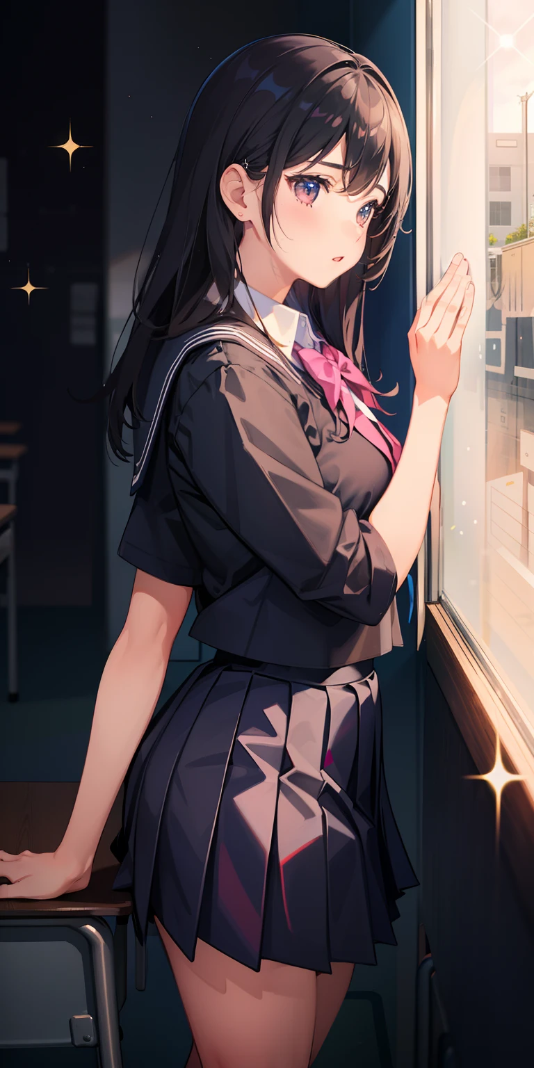 1girl in、(School uniform)、glitters、side lights、wall-paper、School Classroom、sit on desk、