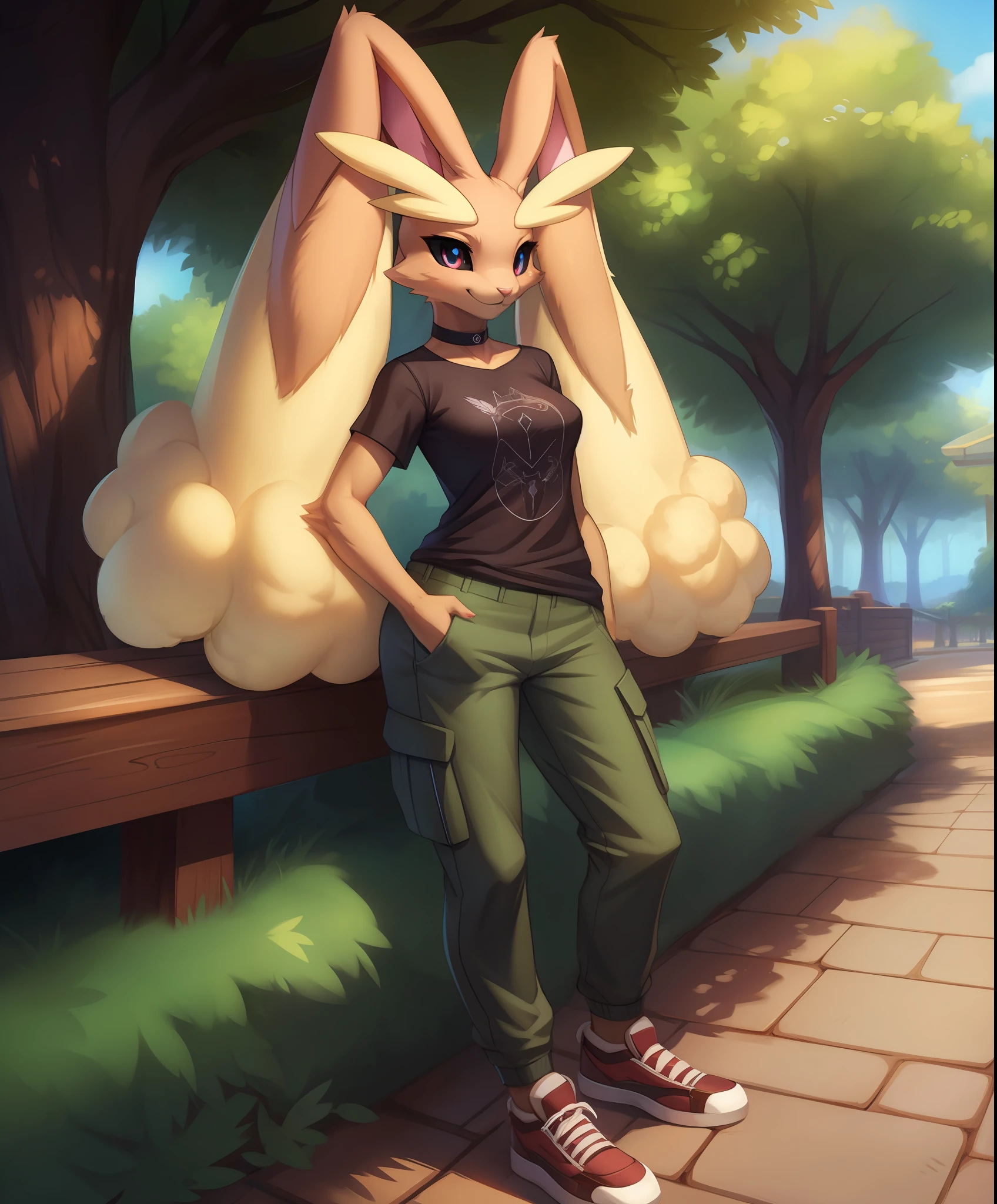 vaporunny, lopunny_ears, (white_pupils, black sclera), 1girl, counter shading, volumetric lighting, choker, (wearing a black graphic t-shirt), casual clothes, (cargo pants), sneakers, hands in pockets, best quality, smile, trees, sidewalk, leaning on fence,, uploaded on e621, (by Pino Daeni:0.7), (by Ruan Jia:0.7), (by Skygracer:0.6), by Alayna Lemmer, by Carlo Galli Bibiena, (kemono:1.3),