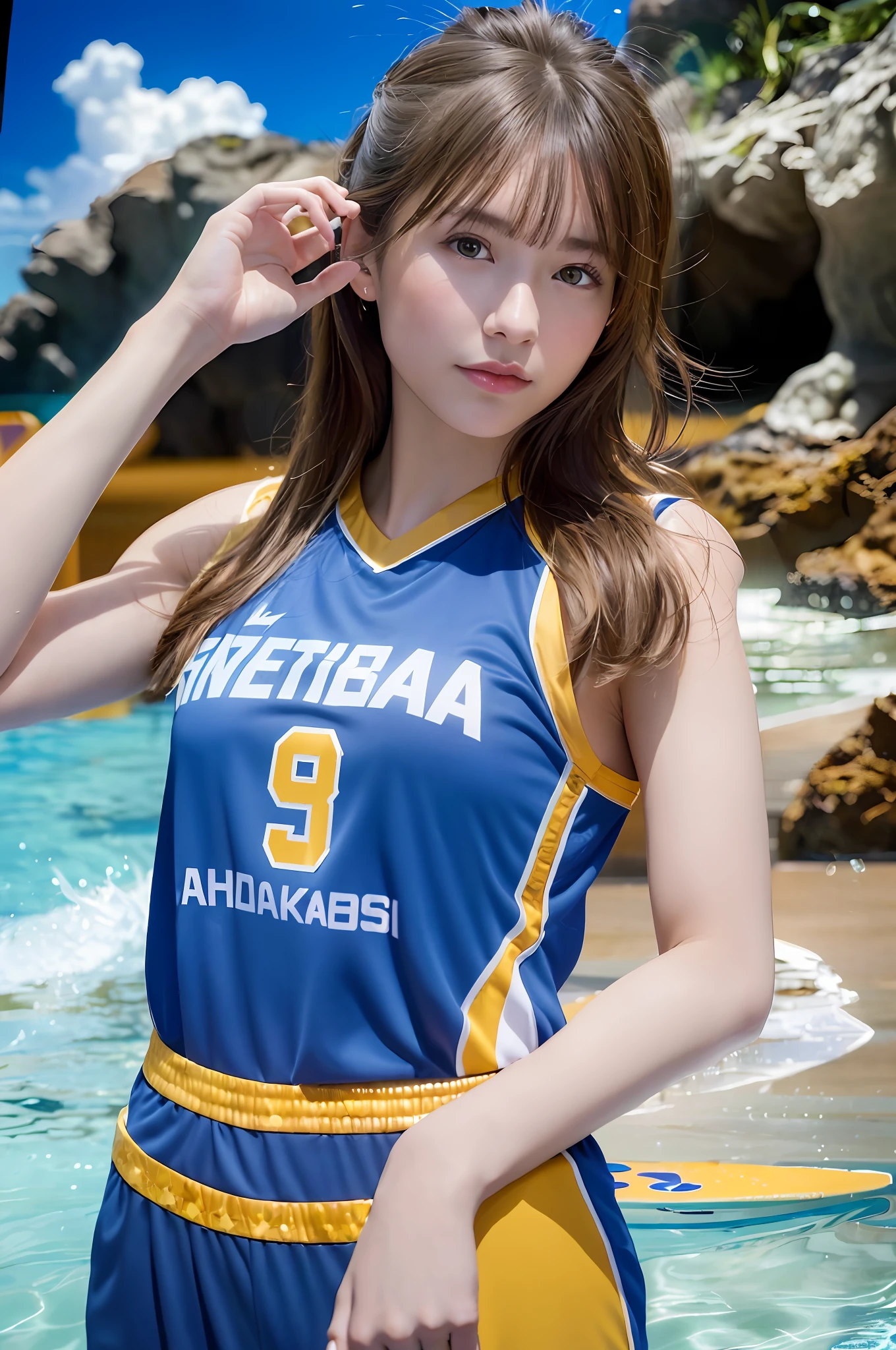 good hand,4k, high-res, masterpiece, best quality, head:1.3,((Hasselblad photography)), finely detailed skin, sharp focus, (cinematic lighting), collarbone, night, soft lighting, dynamic angle, [:(detailed face:1.2):0.2], armpit crease, thigh gap, black clothes, slender, medium breasts, cleavage,(((5 stars hotel pool background))), outside