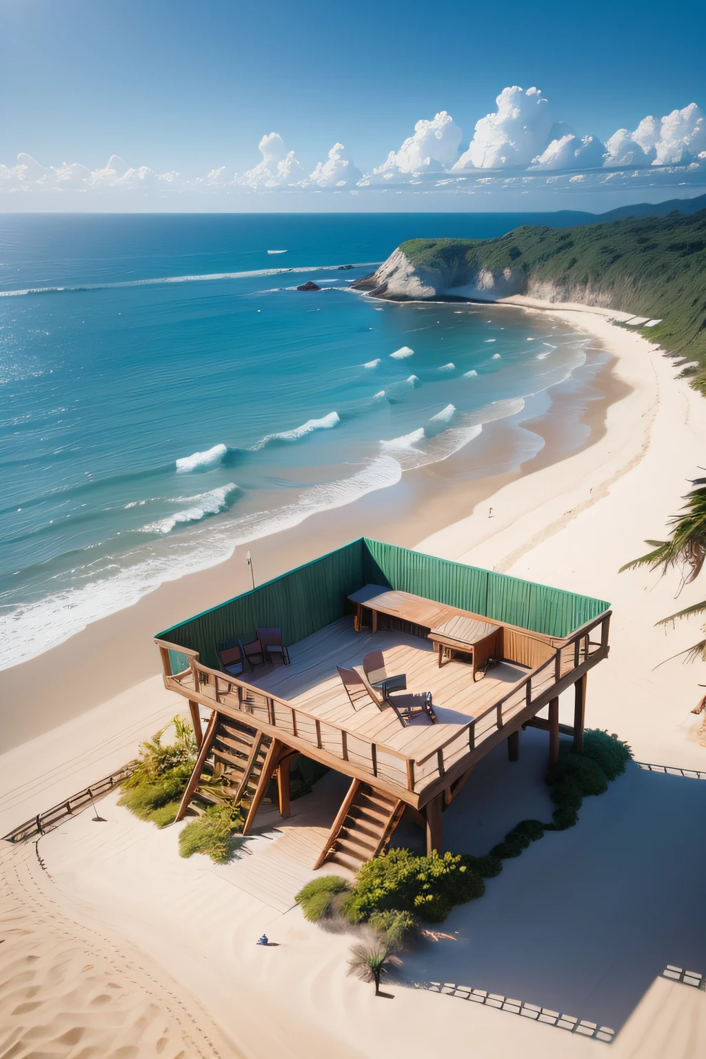 por favor construa um belvedere na areia da praia com vista para o mar, Made of wood at a distance of 50 meters from the sea, medindo 2 por 2 metros, elevado a 1,5 meters from the ground to be accessed by steps, containing a guardrail for safety