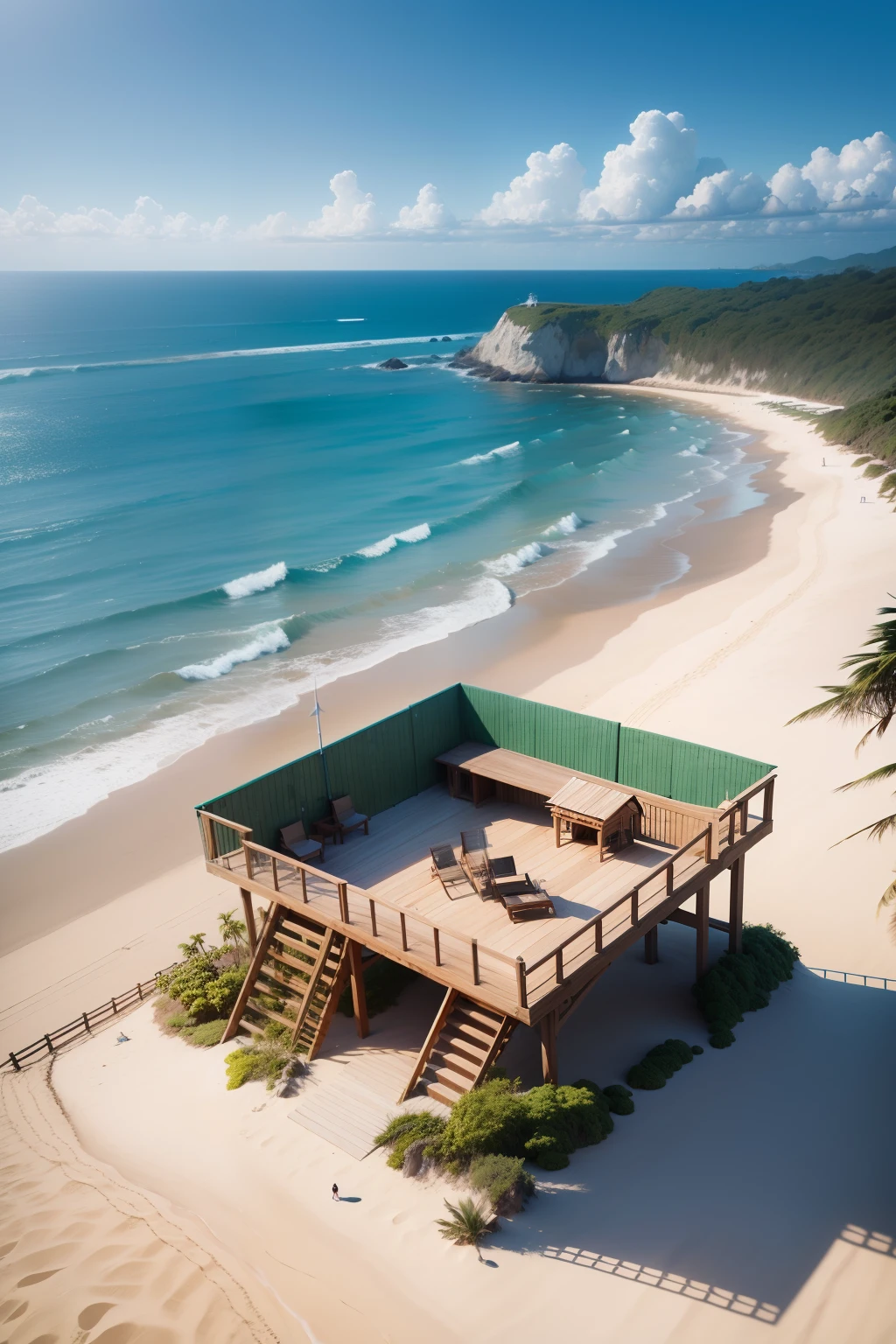 por favor construa um belvedere na areia da praia com vista para o mar, Made of wood at a distance of 50 meters from the sea, medindo 2 por 2 metros, elevado a 1,5 meters from the ground to be accessed by steps, containing a guardrail for safety