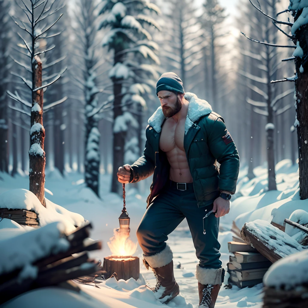 Forest and snow, cinematic, dark, firewood, book cover, muscle lumberjack --auto --s2