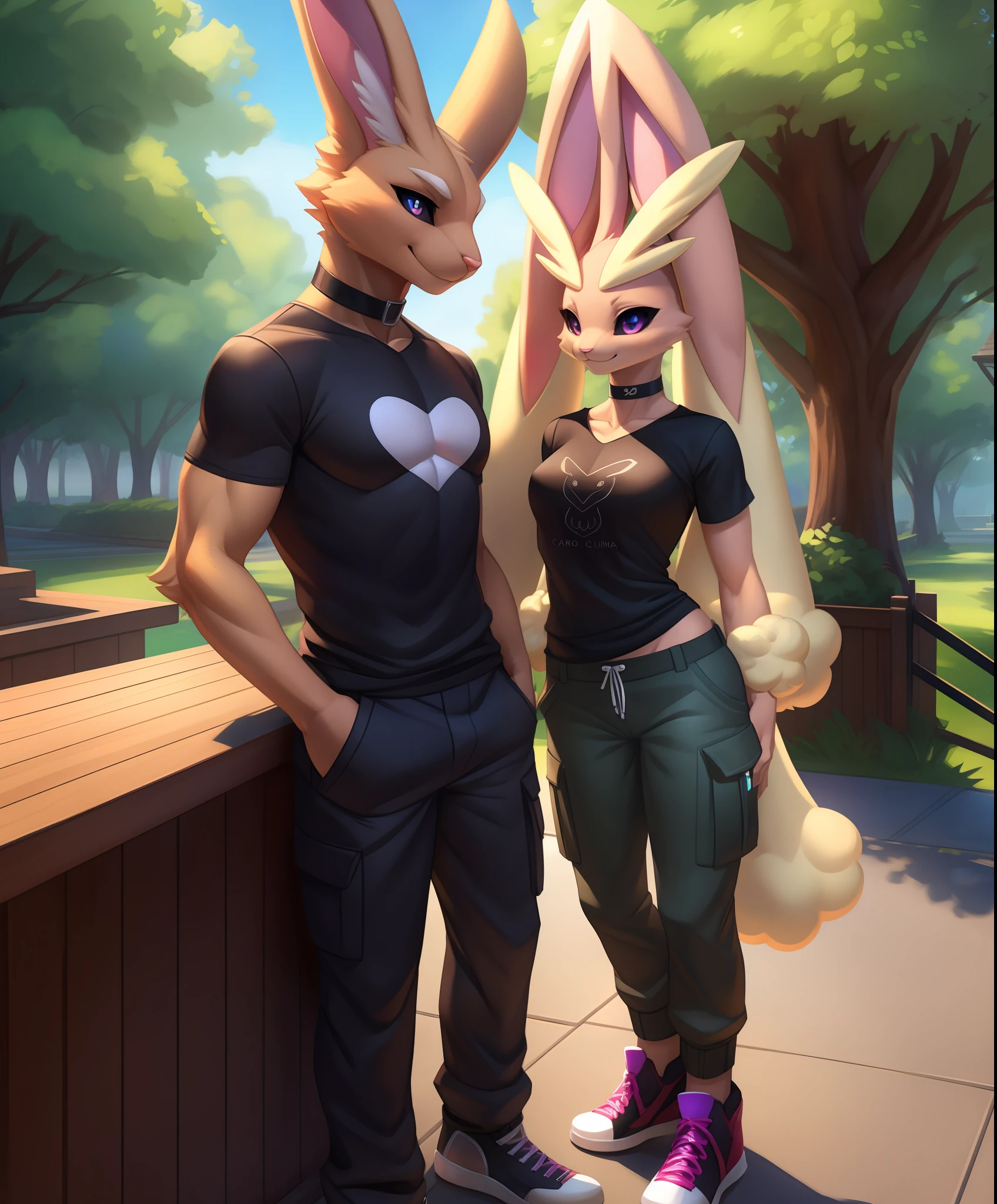 vaporunny, lopunny_ears, (white_pupils, black sclera), 1girl, counter shading, volumetric lighting, choker, (wearing a black graphic t-shirt), casual clothes, (cargo pants), sneakers, hands in pockets, best quality, smile, trees, sidewalk, leaning on fence,, uploaded on e621, (by Pino Daeni:0.7), (by Ruan Jia:0.7), (by Skygracer:0.6), by Alayna Lemmer, by Carlo Galli Bibiena, (kemono:1.3),