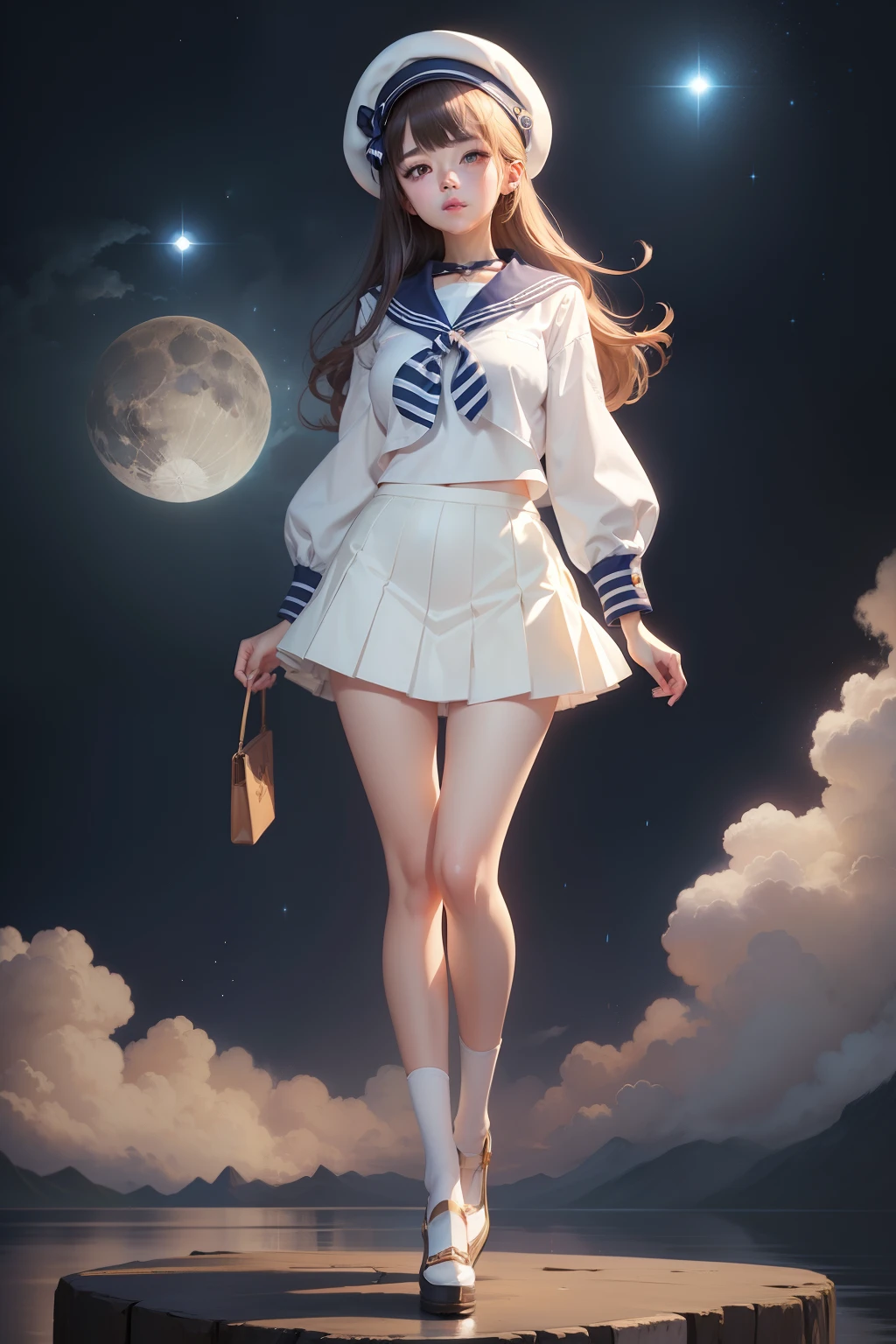 Draw a girl in a sailor's suit and hat, lunar themed attire, anime full body illustration, Full body portrait of short skirt!, made with anime painter studio, Full body illustration, official character art, Cute anime girl in beautiful clothes, anime visual of a cute girl, Single character full body, drawn in anime painter studio, full-body portraits