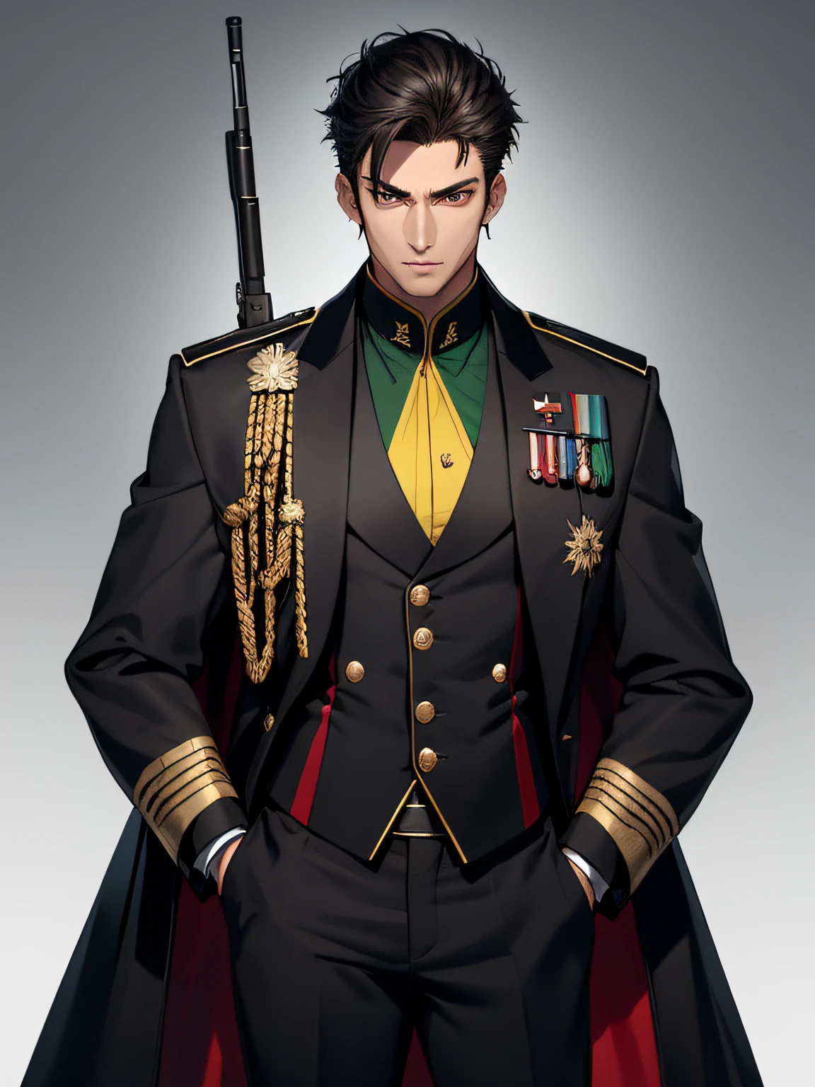 (absurderes,A high resolution,ultra - detailed),Soldier with dark uniform and rifle,ruined background,mature,Handsome,Tall muscular man,a broad shouldered,brown hair,Yellow eyes,green uniform,Fine eyes and detailed face, tmasterpiece, Best quality at best, 1boy, (Hold a gun in hand), Two shots, intricate gun, 独奏, Handsome, short detailed hair, T 恤, black black jacket, Black pantsuit, The upper part of the body,(Warhammer fantasy theme:1.1)
