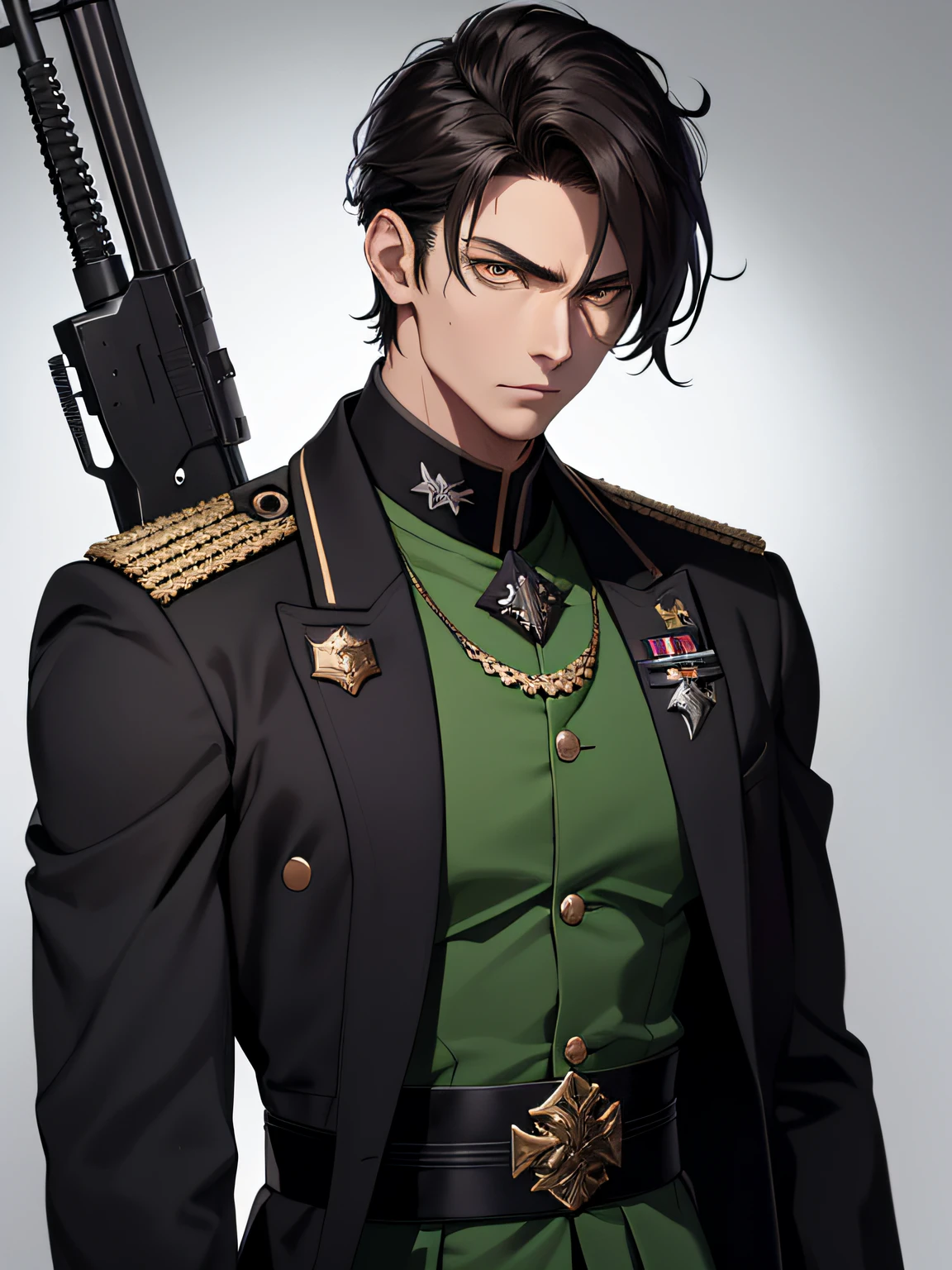 (absurderes,A high resolution,ultra - detailed),Soldier with dark uniform and rifle,ruined background,mature,Handsome,Tall muscular man,a broad shouldered,brown hair,Yellow eyes,green uniform,Fine eyes and detailed face, tmasterpiece, Best quality at best, 1boy, (Hold a gun in hand), Two shots, intricate gun, 独奏, Handsome, short detailed hair, T 恤, black black jacket, Black pantsuit, The upper part of the body,(Warhammer fantasy theme:1.1)