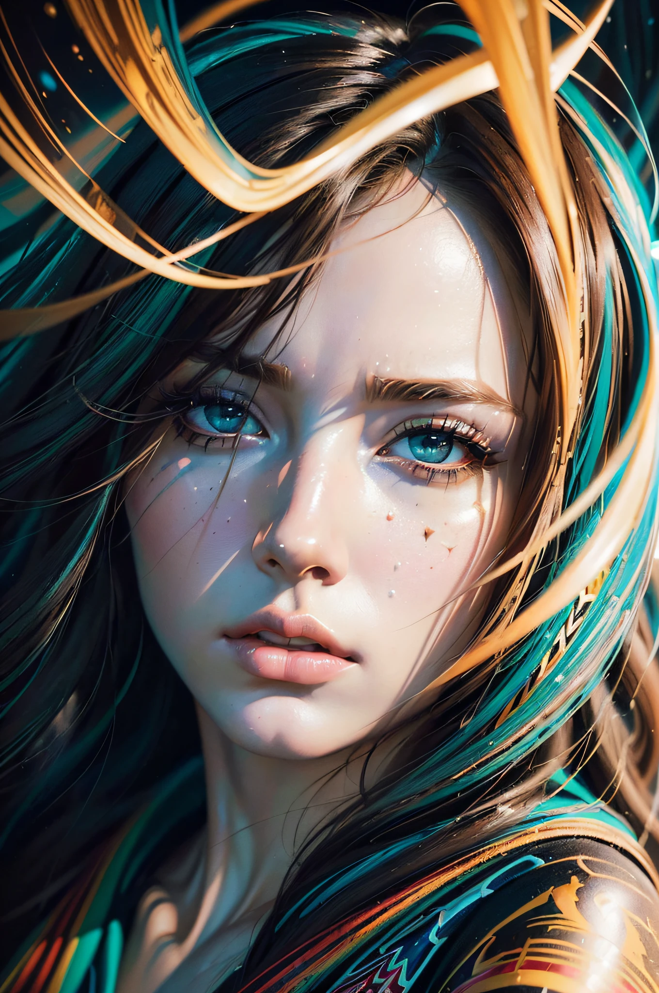 best quality, masterpiece, (realistic:1.2), detailed face, beautiful eyes, (masterpiece, top quality, best quality, official art, beautiful and aesthetic:1.2), (1girl:1.4), extreme detailed, (Joshua Middleton comic cover art:1.1), (Action painting:1.2), (concretism:1.2), theater dance scene, (hypermaximalistic:1.5), colorful, highest detailed,