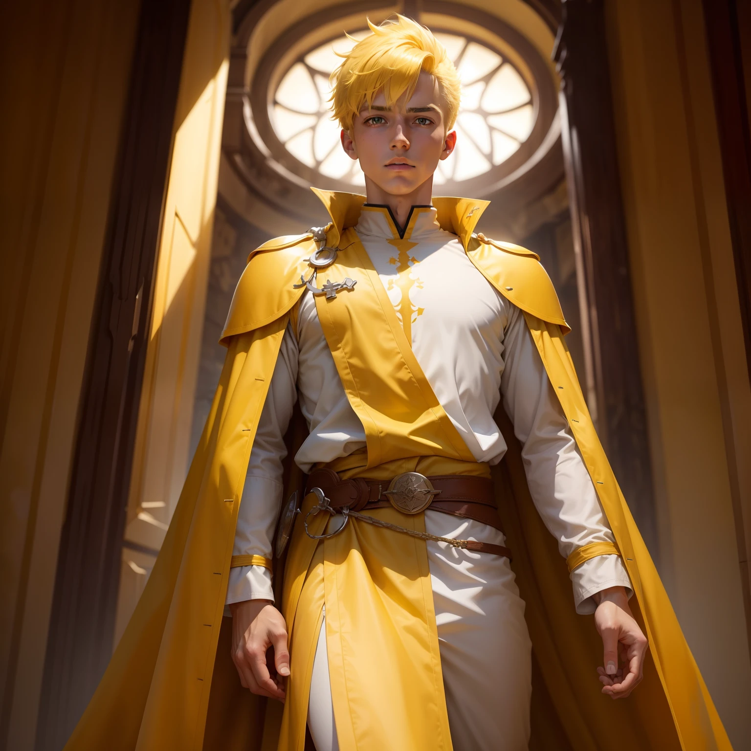holy paladin，A yellow-haired，Young boys，The breath of the strong，low tune，yellow robe，Long yellow trench coat，