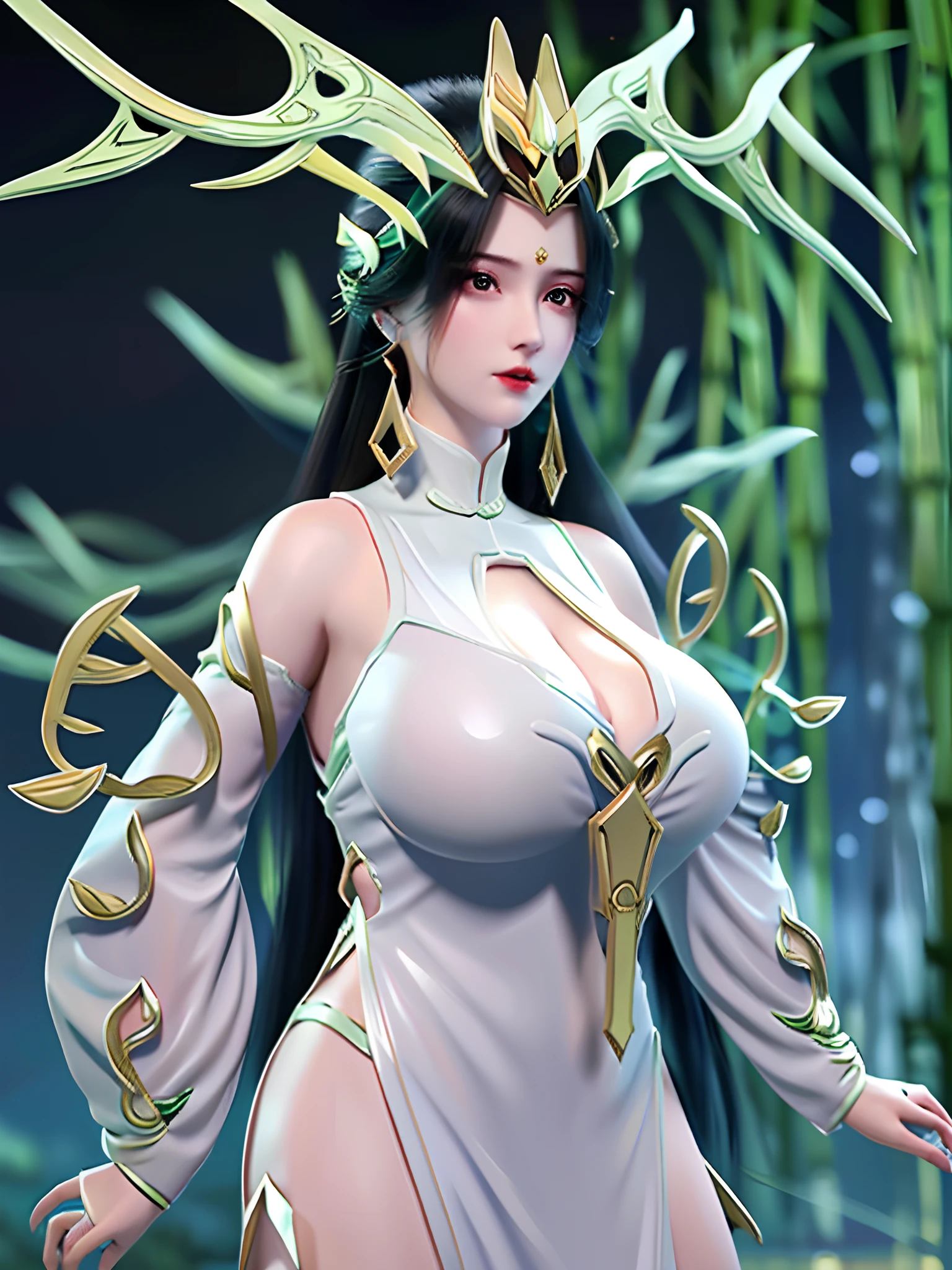 1girl,hair ornament,long hair,earrings,forehead mark,dress,bamboo forest,night,mature female,cowboy shot,looking at viewer, (huge fake breasts:1.5),long sleeves, chinese clothes,trim,