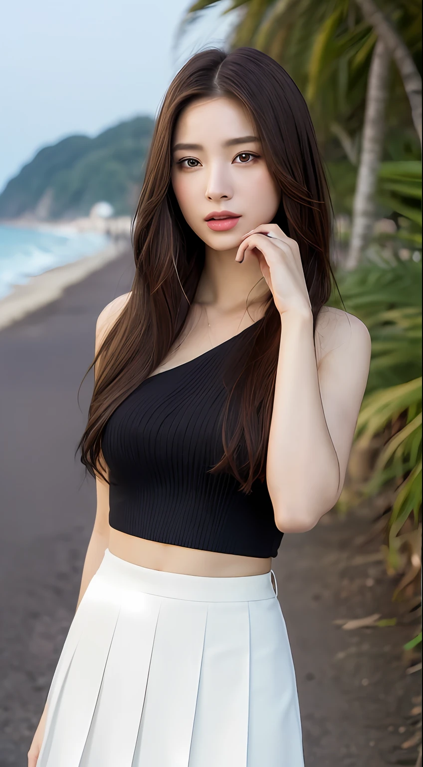 ((Realistic lighting, best qualtiy, 8K, tmasterpiece:1.3)), sharp fokus:1.2, 1girll, Beautiful Women with Perfect Figure:1.2, Slim abs:1.1, ((dark brown  hair)), (White pleated skirt:1.4）,（exteriors，during night：1.1），beachside，Ultra-fine face，Fine eyes，二重まぶた，