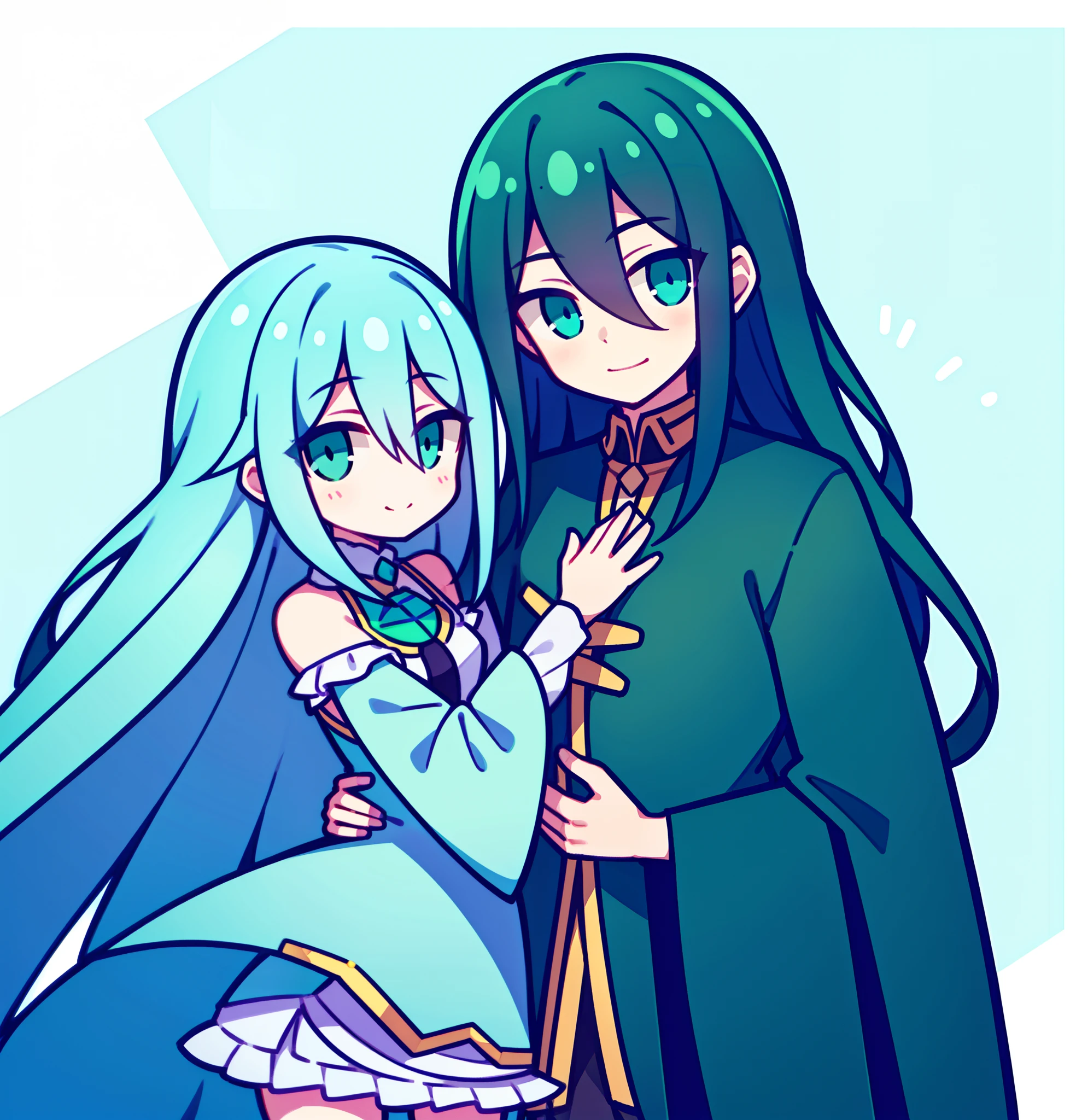 Long black hair，A boy with blue eyes and a girl with long turquoise hair and green eyes，Five fingers，A slight smil，Hair fluttering slightly，Leaning together，Wear a cape，Look at each other