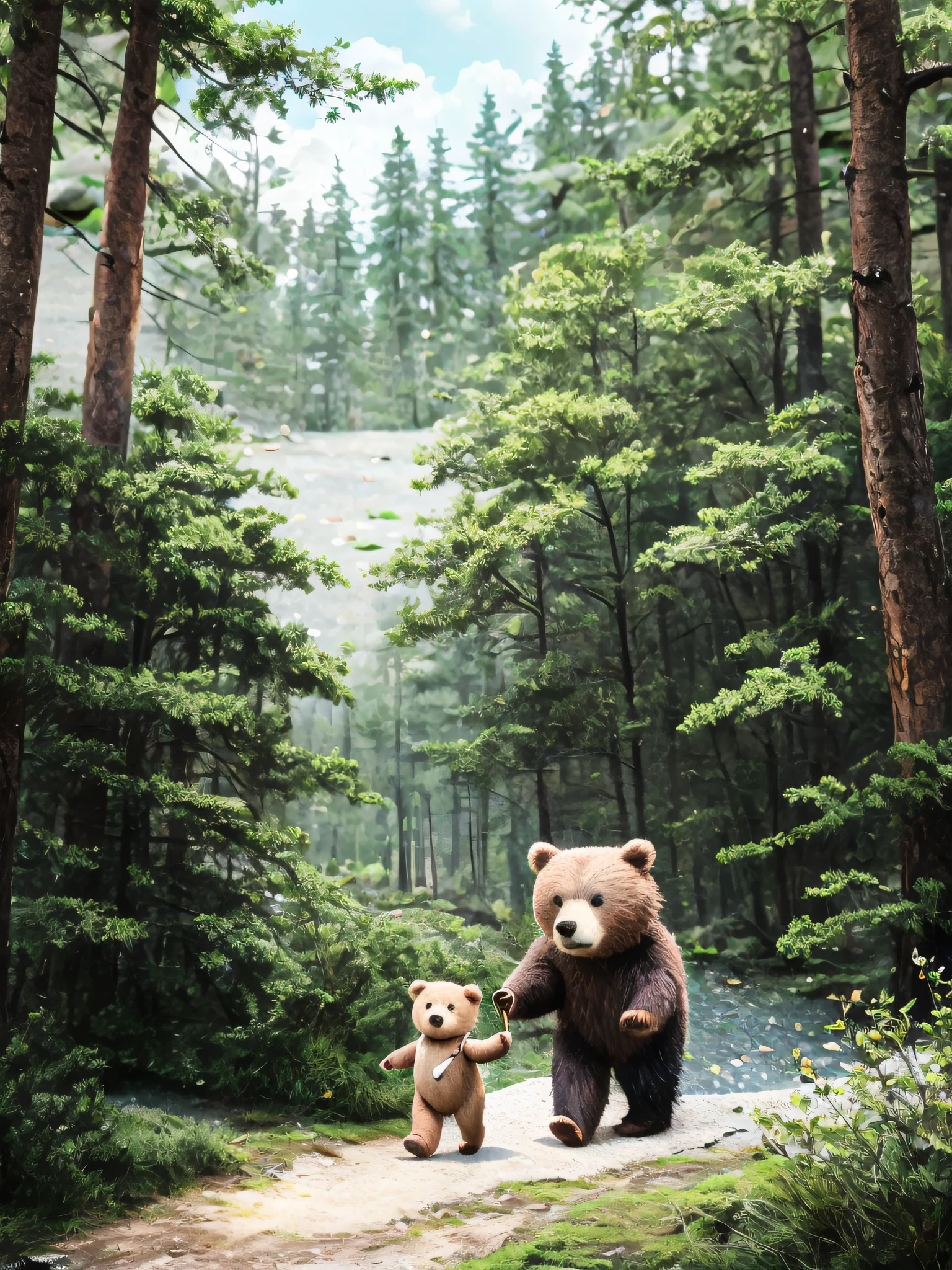 masterpiece, best quality, picture book illustration, A cute small bear walking, solo, forest as background, afternoon, pastel watermark, illustration style, fantasy, (no person),