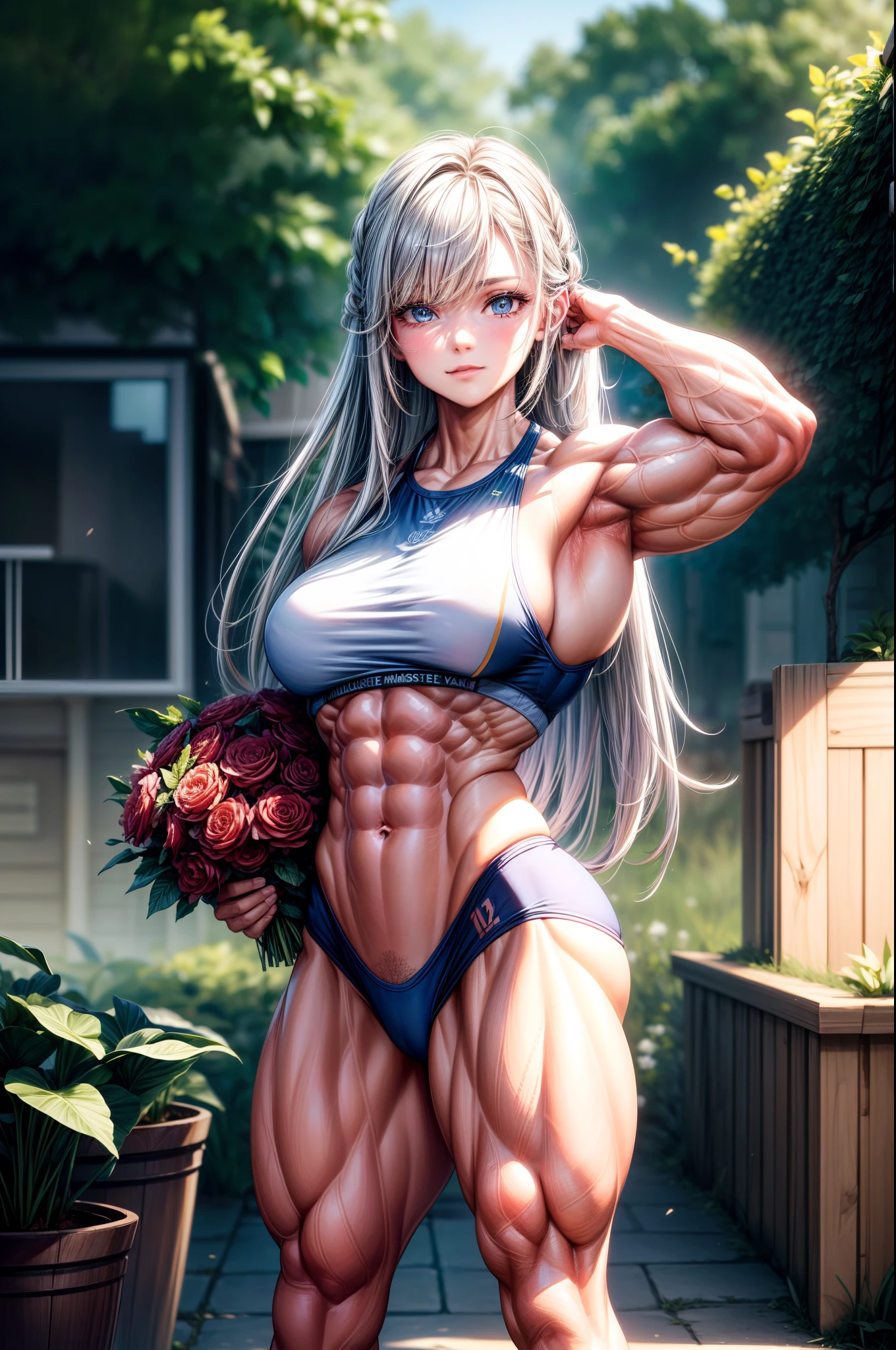 (BEST lighting) , (ultra intricately detailed) , 4K unification, (super-detailed CG: 1.2) , (8K: 1.2),(Original), (Masterpiece) , (Best quality),(Masterpiece:1.4),Anime-ish high quality,(Masterpiece),Masterpiece, Super clear picture quality,Clearer than movies,(Fine face)Best quality, absurderes,((masterpeace, 4K, 8K, Yes, A high resolution))1girll, schoolgirls,She was in the garden,ssmile,wear cap,standing on your feet,Exposing the abdomen, Crop topping,There are bulges of dense veins on the arms,Spring, athletic sneakers, Perfect figure, Long silver hair, Dynamic pose,Legs exposed,Strong leg muscles ((body builder:1.5)),Spring Garden,(Beautiful bace),(Girl),(Female),(((Upper body:1)))