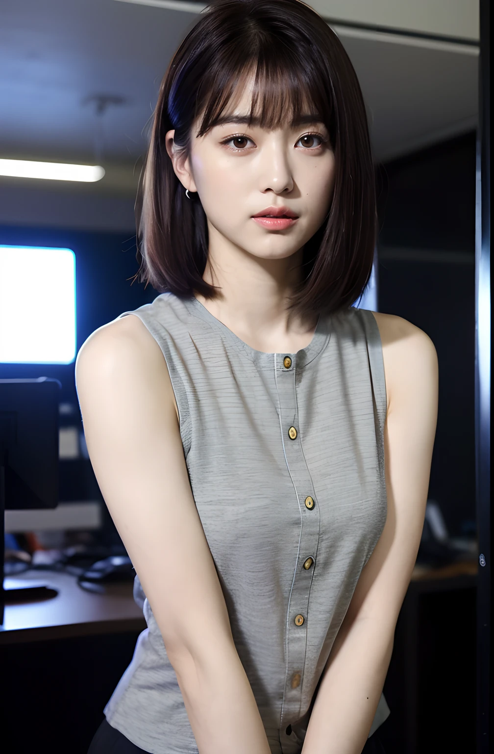 ((8K)、top-quality、​masterpiece、超A high resolution:1.2)Photo Beautiful Japan woman(pleasing:1.1) Elegance、There is a good、Transparent atmosphere、Beautiful face、Gradient lighting、1girl in、Delicate skin、Look into the distance、Brown-eyed、(short hair with bangs:1.2)、(breasts are large:1.0)、(medium areola:0.8)、(realisitic:1.4)、(top-quality:1.0)、(超A high resolution:1.0)、8K、Raw photography、(​masterpiece:0.2)、(pureerosface）、Plain Pattern Button Front Sleeveless Shirt、Sleeveless、The shirt、Taiton Nasir uh、want me、Take your eyes off、s Office、There are many computers lined up、Lots of desks、Large office、erect through、total darkness、subject、Lean、Hang your employee ID card from your neck、Having a file、deep in the night、Ass big、Kinda chubby、Bangs shed to the side、organize your hairstyle well、Put your ears out、