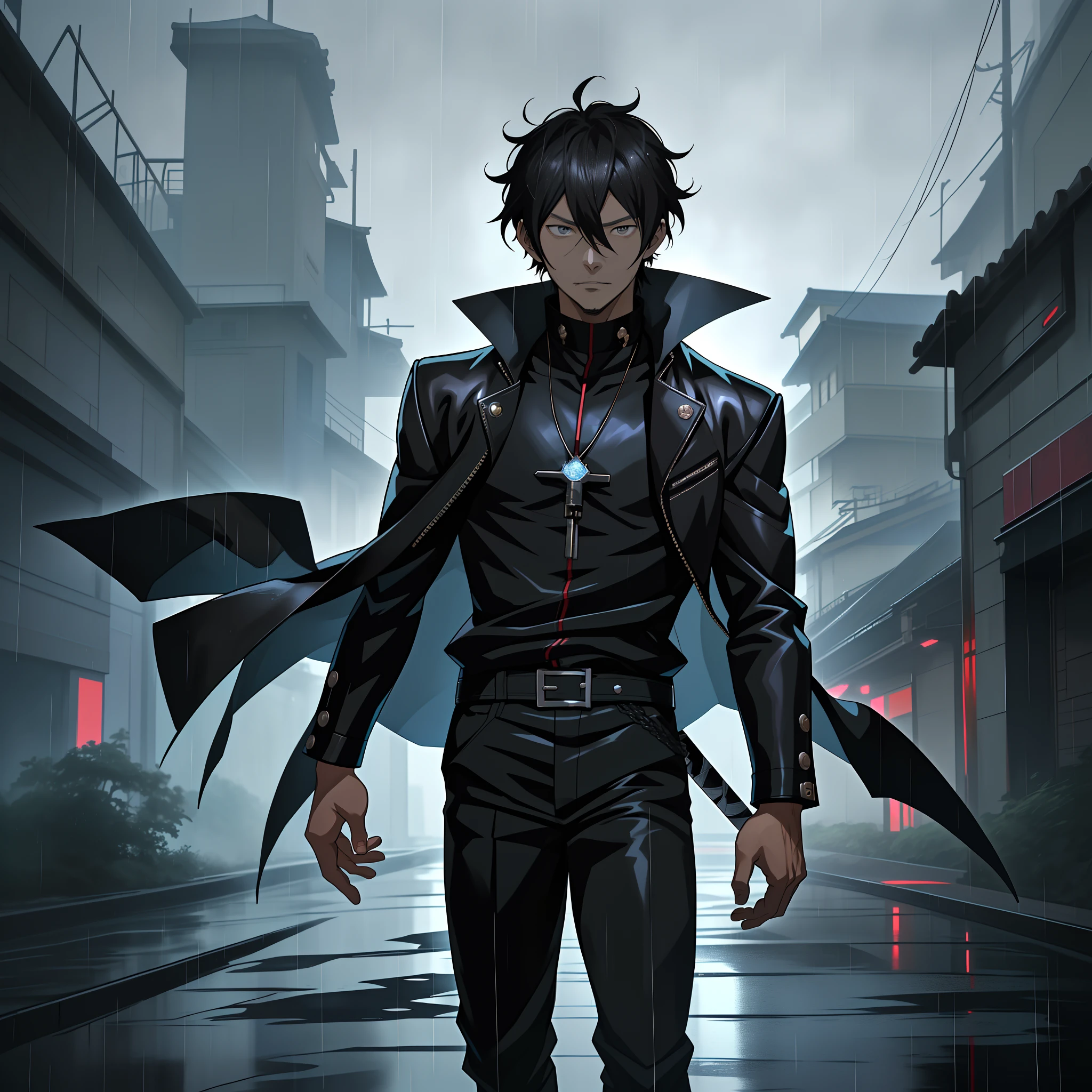 Anime man standing in the rain in black leather jacket, inspirado em Okumura Masanobu, Kazuto Okada。, nobutaka ike, Badass anime 8 K, Anime handsome man, Anime portrait of a handsome man, anime concept hdr anime macmanus, Key anime art, male anime character, inspired by Yamagata Hiro