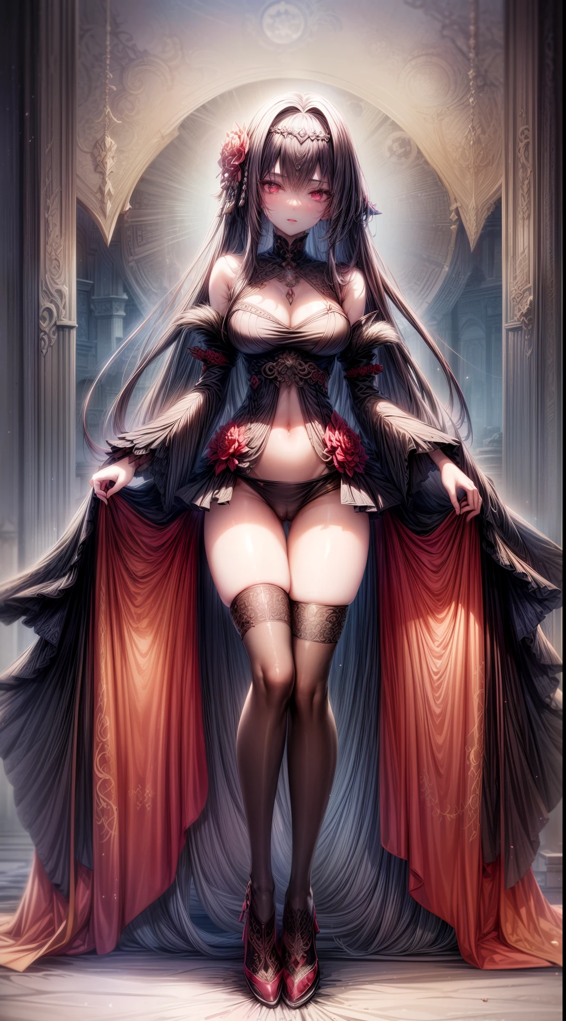 gothic warrior queen in kimono robe and midi skirt, satin, fur, (stockings), decollete, natural breasts, slim body, zettai ryouiki, medium length hair, beautiful detailed eyes, portrait, most realistic, highest quality, best pixels, 8k ultra