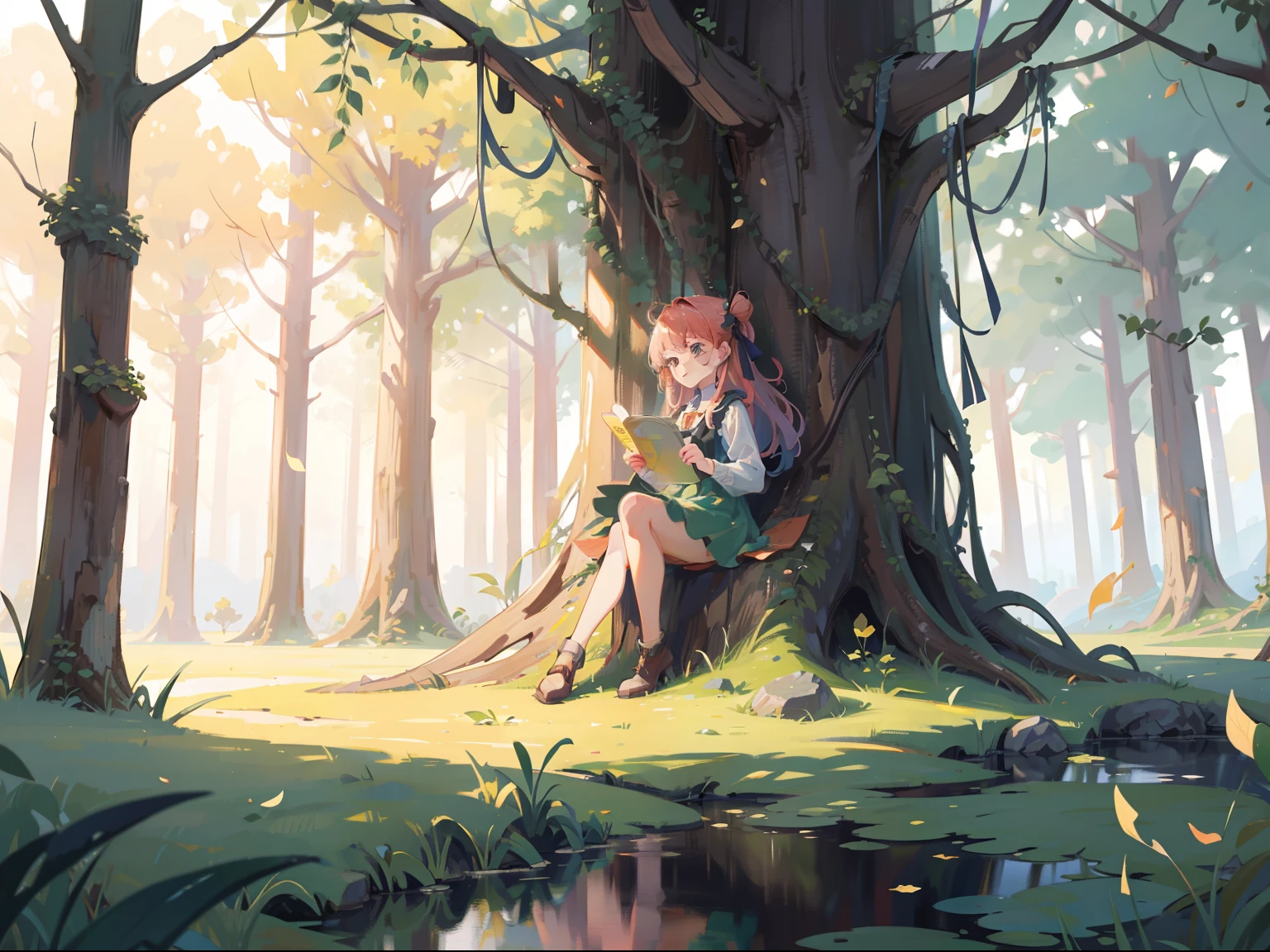 (masterpiece), best quality, ultra high res, detailed architecture, detailed structure, (warm pastel color), forest, fantasy forest, leaf, tree, sea
