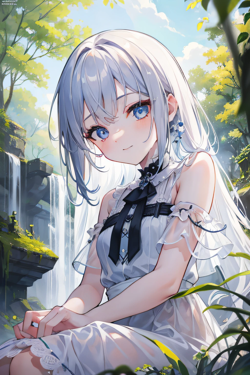 (masterpiece, best quality:1.4), 8k, official art, raw photo, absurdres, from below, girl, evil smile, upper body, sitting, white summer dress, wet, see-through, stone bridge, ruins, sky, woods, stream, detailed shadow, light leaks, perspective, depth of field, sharp focus, highres, ultra detailed, finely detail, extremely detailed, (detailed eyes and face, sharp pupils, realistic pupils:0.6)
