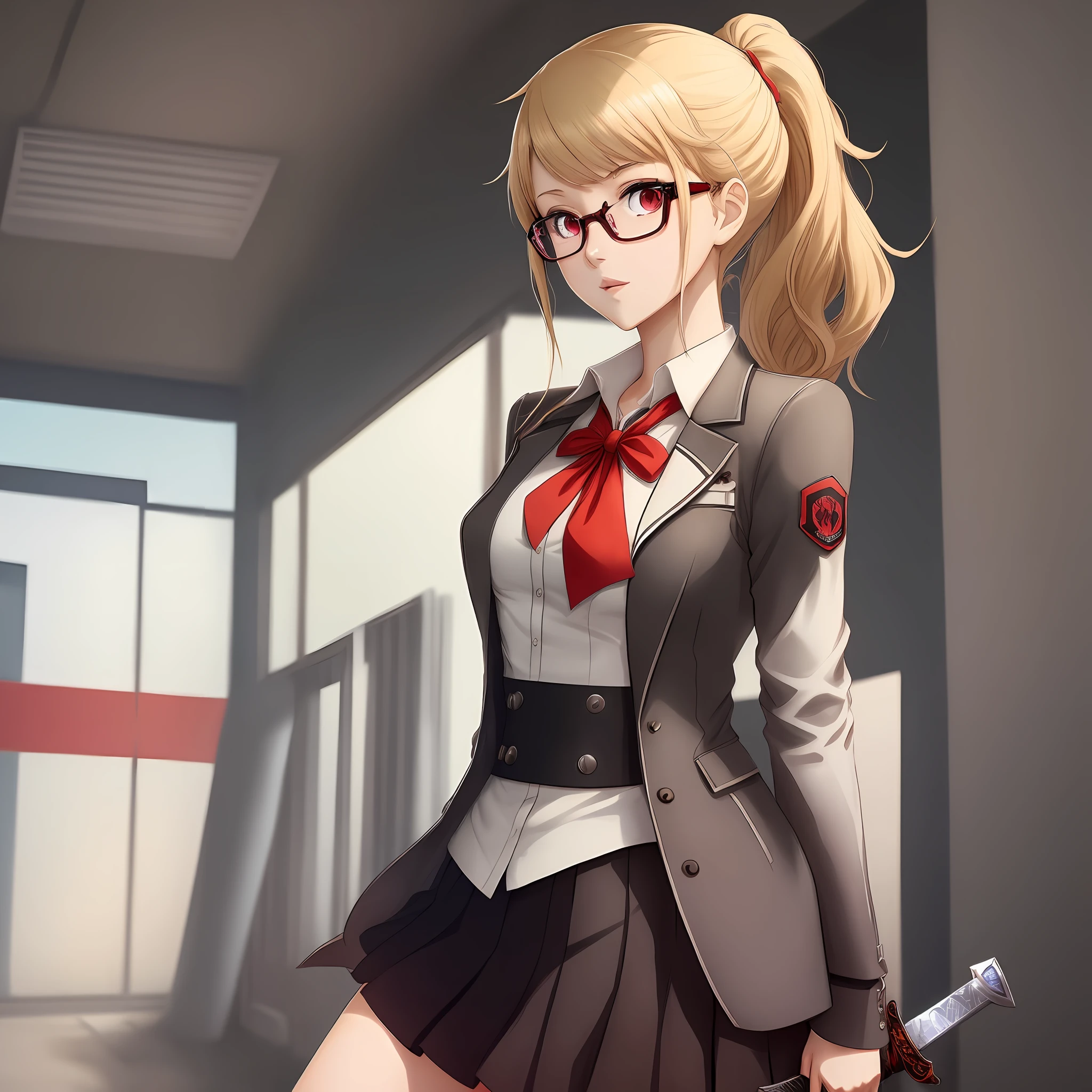 Female anime character. Blonde, ponytail, medium hair, glasses, and school outfit form game persona 5. Art style : anime sword art online.