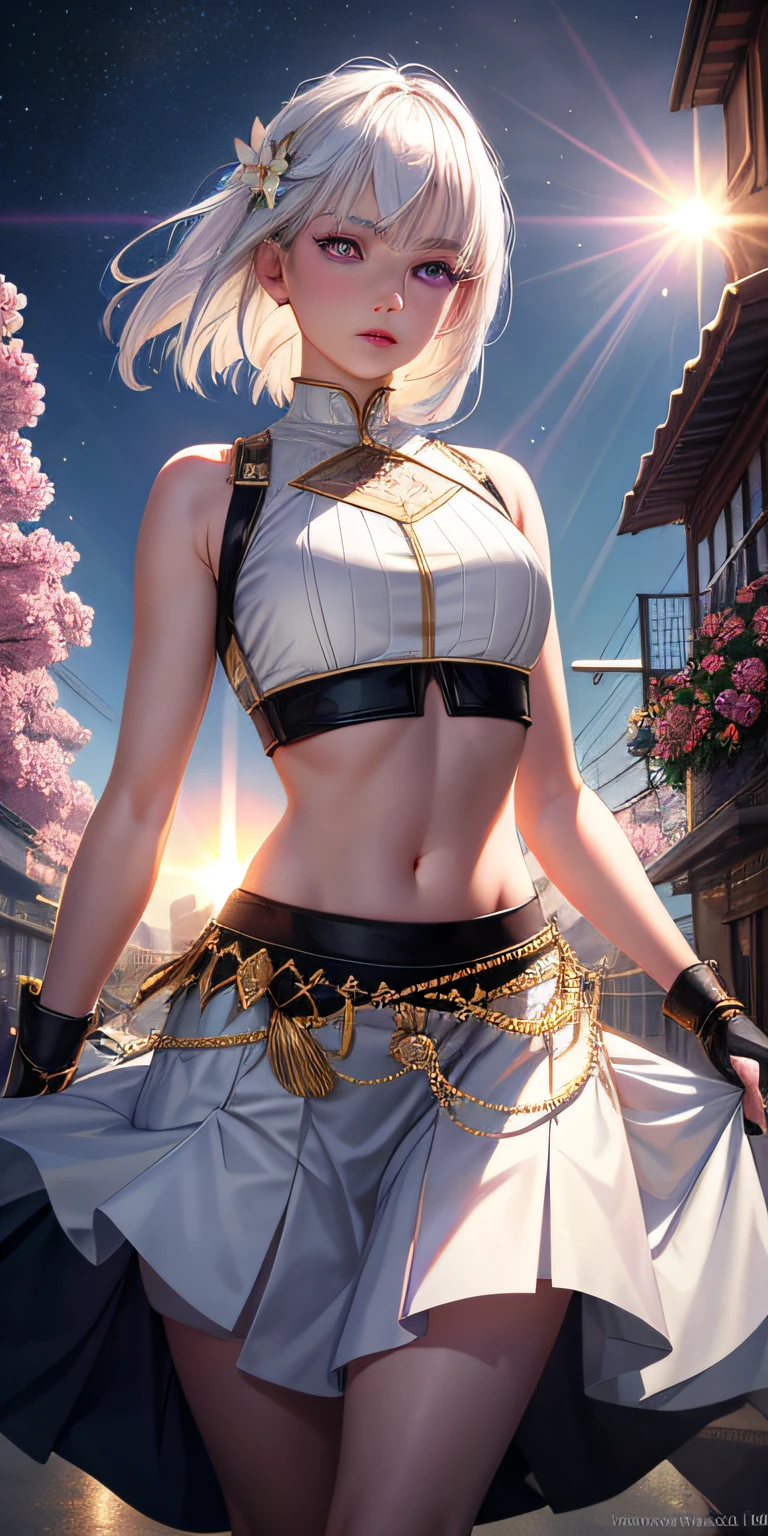 realistic, 1girl, white hair, purple eyes, glowing eyes, crop top, skirt, parted lips, blush, night, flowers, sun, sunlight,