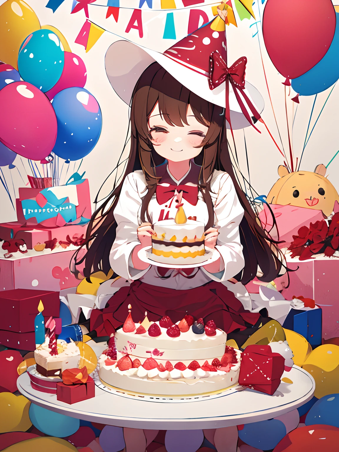 Birthday hat、a cake、Balloons、celebration、Kawaii Girl、Happiness、The best smile、cracker