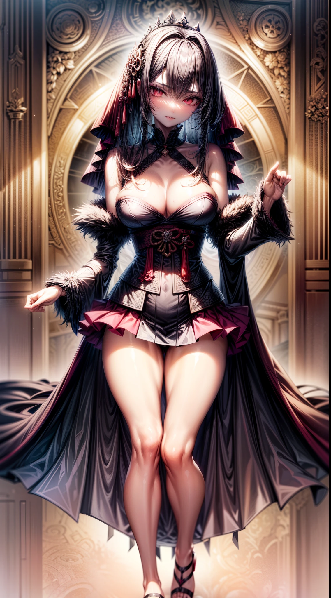 gothic warrior queen in kimono robe and midi skirt, satin, fur, (stockings), decollete, natural breasts, slim body, zettai ryouiki, medium length hair, beautiful detailed eyes, portrait, most realistic, highest quality, best pixels, 8k ultra