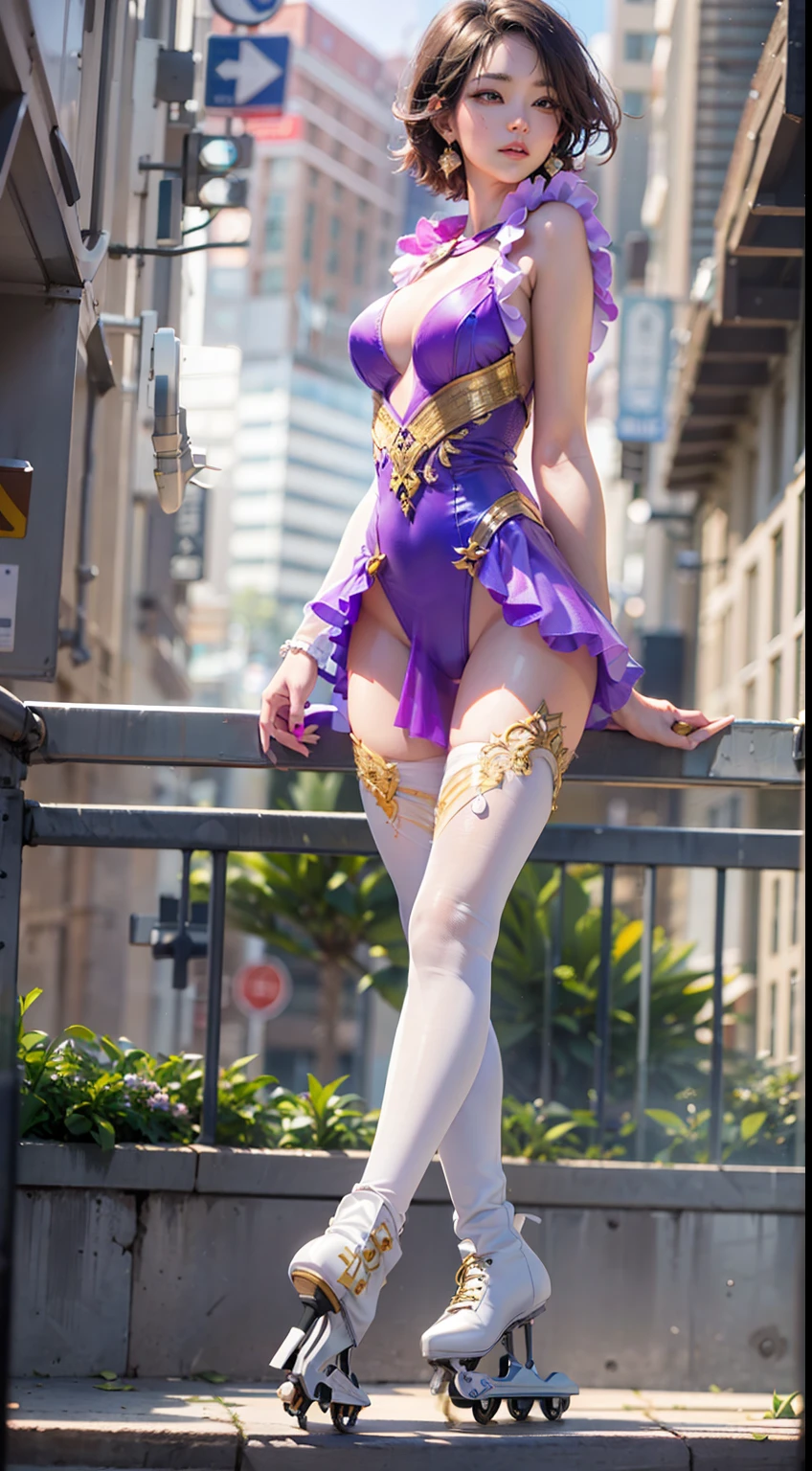 A Japanese woman walking in the city,Buildings,A plant,ssmile,Mixed Korean,The background is blurred out,focal,电影灯光,(((tmasterpiece))), ((best qualtiy)), ((Complex and detailed)), ((ultra-realistic realism)), Ridiculous resolution, A MILF, Mature woman, ssee-through, highly detailed, illustratio, 1girll, (huge tit), Thin waist and thick hips,long leges,beatiful detailed eyes, short detailed hair, brunette color hair, a purple eye, (Figure skating suit:1.2),Figure skates,roller skates,Figure skater,Figure skating clothes,Female figure skaters,Figure skating pose,(No underwear),pantiess, detailed back ground, perfect eyes, Seductive eye, looking at viewert, From the front,Wear light,