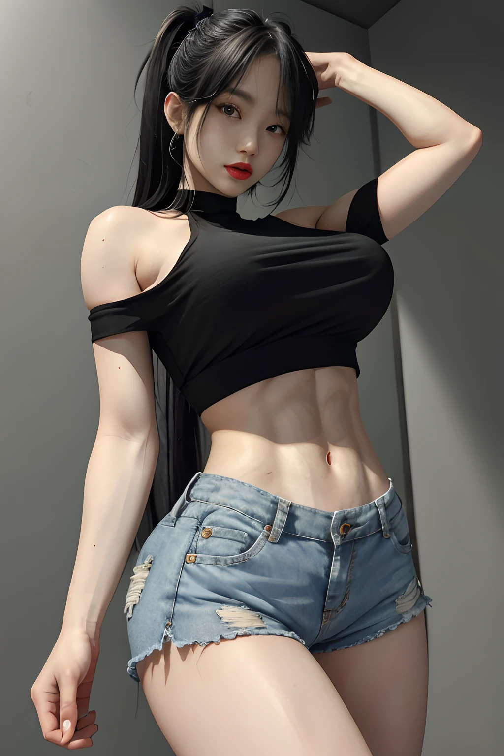 Kizi， By bangs， exposed bare shoulders， Black  shorts， super giant breast， Breasts squeezed together， greybackground， hair between eye，， long whitr hair， View viewer， Super short pants， parted lip， red eyes， camisole， simplebackground， 无袖， sleeveless shirts， 独奏， ， V臂， whaite hair，（Shiny skin），（tmasterpiece：1.4），（best qualtiy：1.4），，，Facigirl，Redlip，Perfect abs，nabel，（：1.5），（Clear areola）， ，Super huge，sweat leggs，