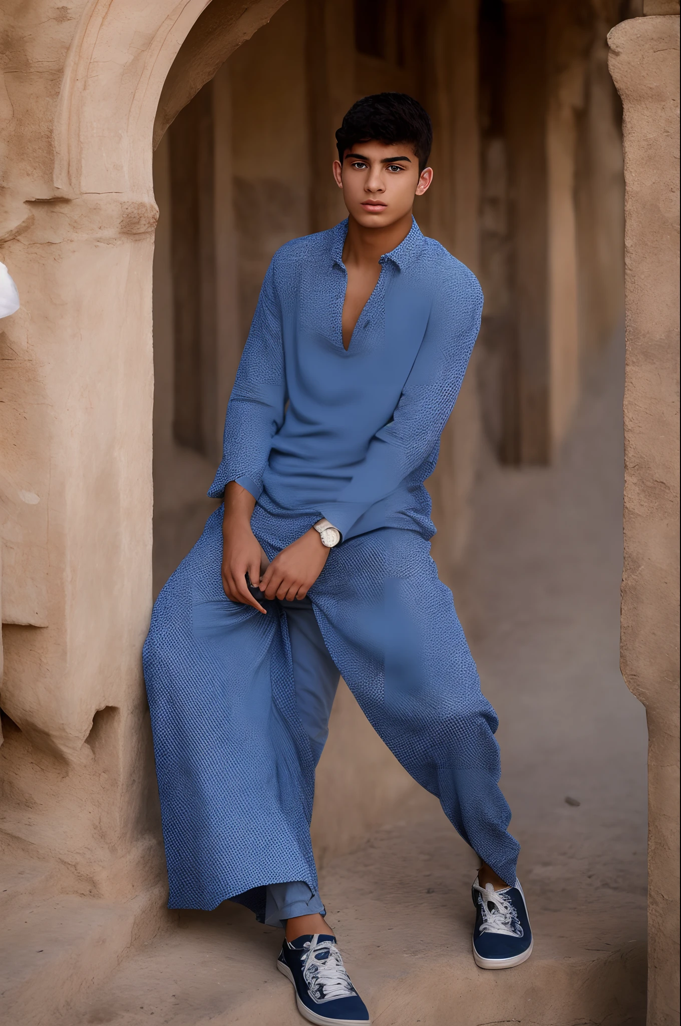 Boy aged 20; eyes blue; hair short; hair colour gold; fair skin; tight-fitting clothes; colour blue; dress style Arabic