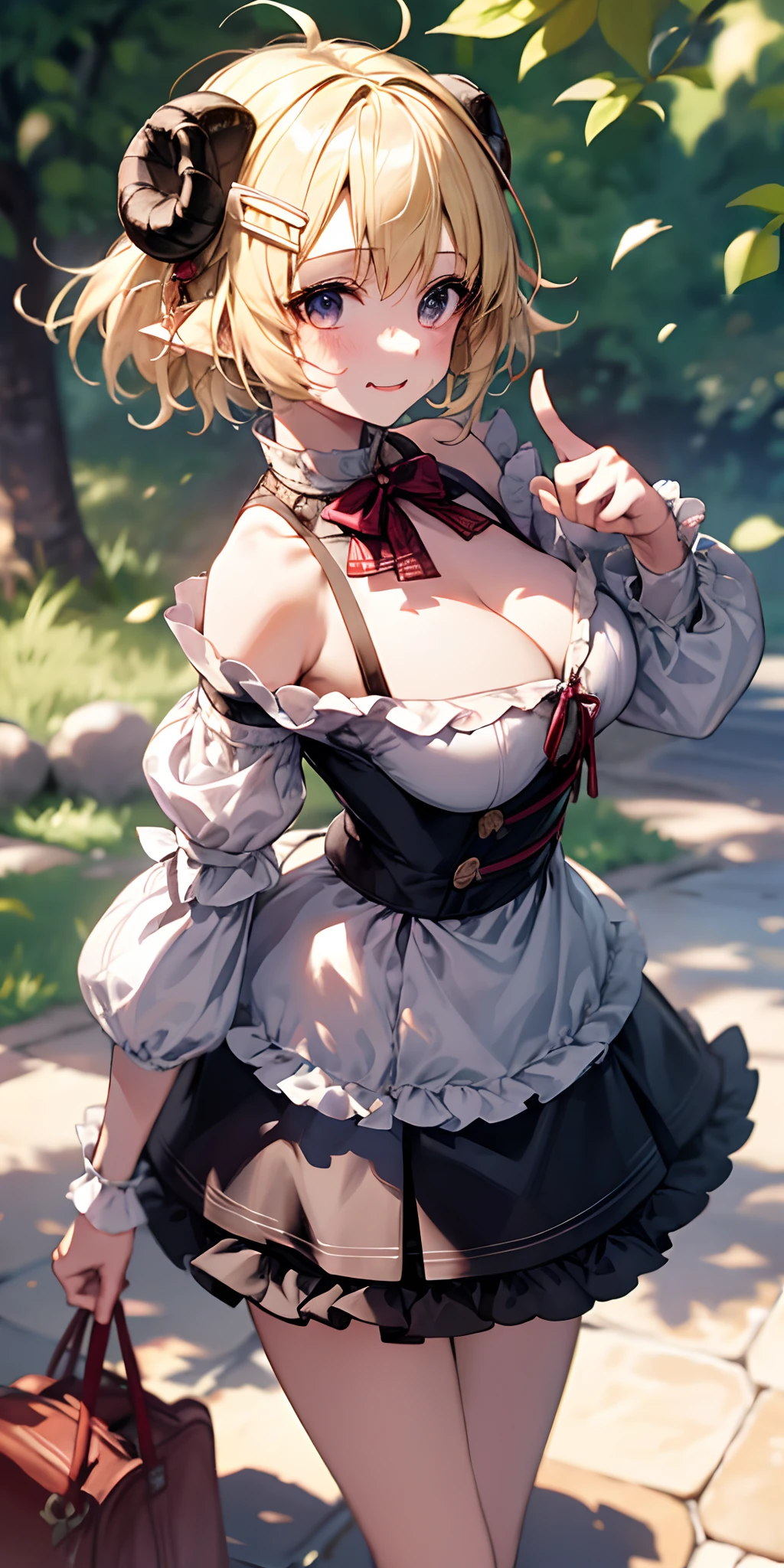 masutepiece, Best Quality, Absurd, Perfect Anatomy, Tsuna Watarume Tsumaki, Sheep, Sheep's ears, Long hair, Blood, cleavage,masutepiece,hight resolution, Highest Quality,intricate detailes,Best texture,Realistic,8K,Soft light,Perfect Shadow,
plein air,Sunny,
Dajie,1girl in,Short hair,put up index finger,Walking,