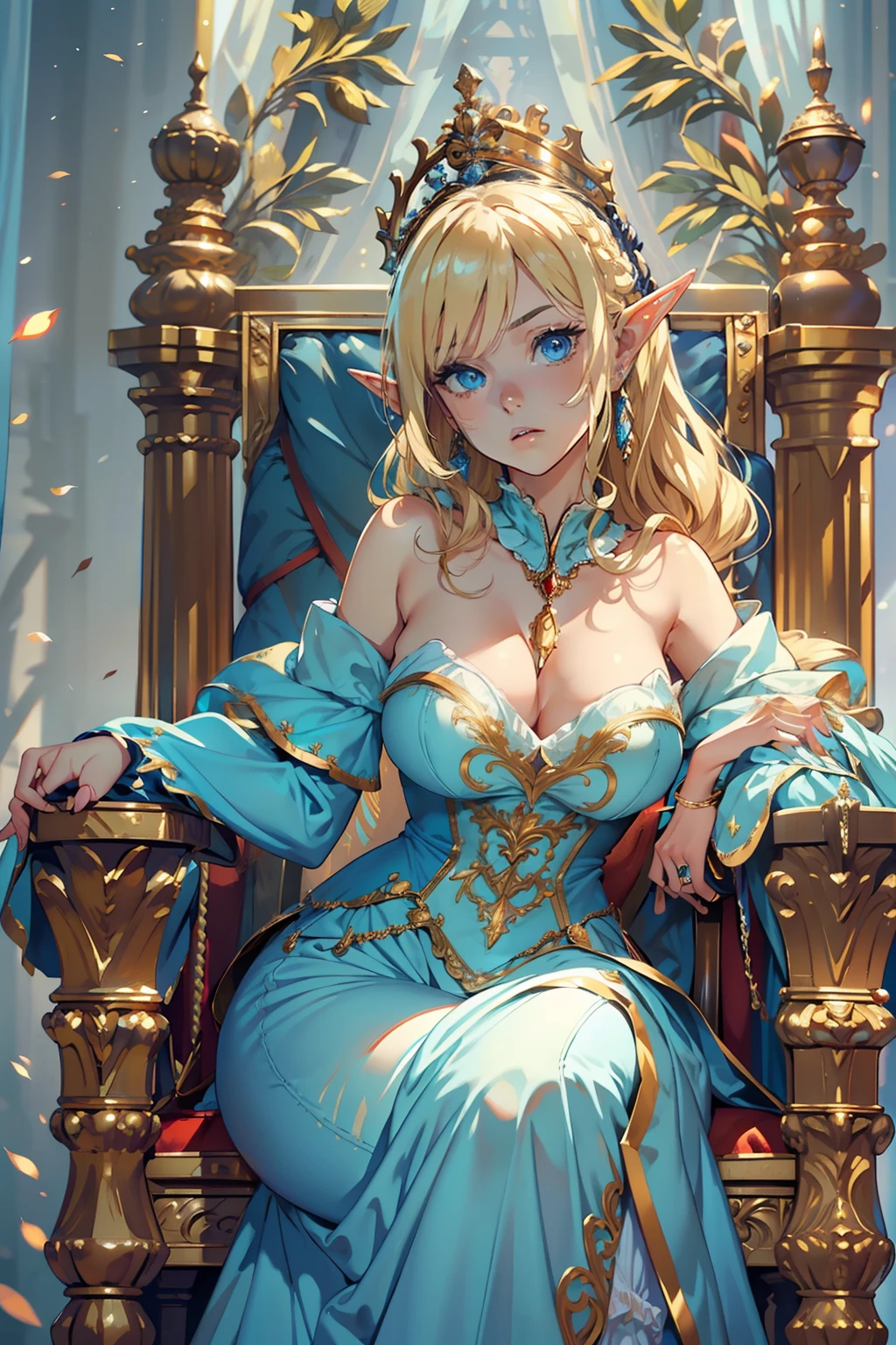 (Realistic), (Highres), 4K, 8K, Detailed Illustration, Ultra-Detailed, Ambient Light, Backlighting, Realistic Shadows, Glowing Particles, Light Particles, Digital Art, Detailed Face, Detailed Hair, (Hyper-Detailed Eyes:1.2), Soft Light, Soft Lighting, (Outdoors:1.15), Renaissance, Renaissance Architecture, Hyper Detailed Architecture, Vintage Windows, Red Curtains, (Throne:1.4), (Sitting on Throne:1.2), Front, Frontal, Huge Throne, Ornate Throne, Royal Throne, Massive Throne, (Blonde Hair:1.15), Bangs, Shiny Hair, short braids, Blue Eyes, Closed Mouth, Dignified Expression, Emotionless, Calm, Confident (Solo:1.4), Mature Female, Sexy Elf Woman, Full Body, Toned Thighs, Narrow Waist, Round Hips, (Huge Perky Breasts:1.1), Crossed Legs, (Crossed Arms:1.1) (Elegant Blue Dress:1.1), Ornate Clothes, Ornate Dress, (Blue Off-Shoulder Dress:1.1), Bare Shoulders, Skindentation, (Blue Dress:1.1), (White Puffy Sleeves, Long Sleeves, Juliet Sleeves:1.1), Long Sexy Dress, cleavage, covered , (Ballroom Gown:1.3), (Frilled Dress:1.3), (Jewelry:1.15), Collar, Gorget, Gold-Trim, Regalia, Knight (NSFW)